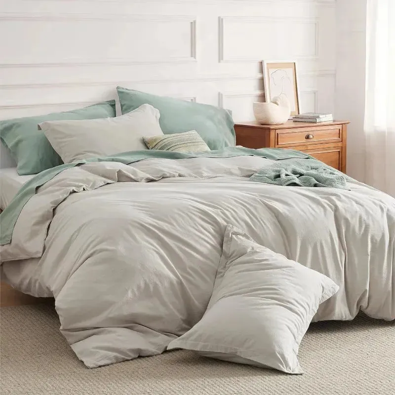 100% Washed Cotton Duvet Cover Set -  Linen Grey