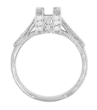 1/2 Carat Princess Cut Diamond Art Deco Castle Engagement Ring Mounting in 18 Karat White Gold