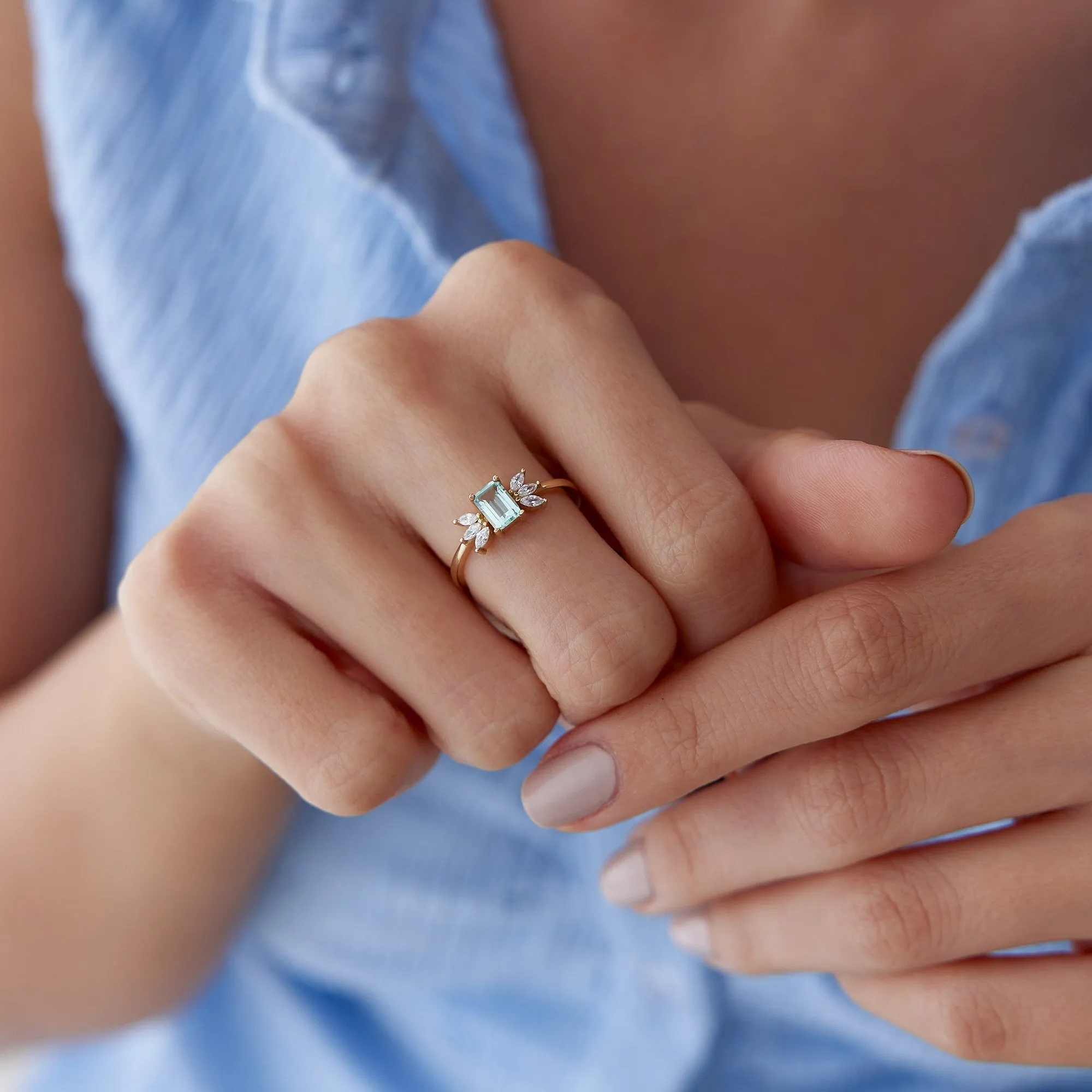 14k Gold Aquamarine Lotus Ring