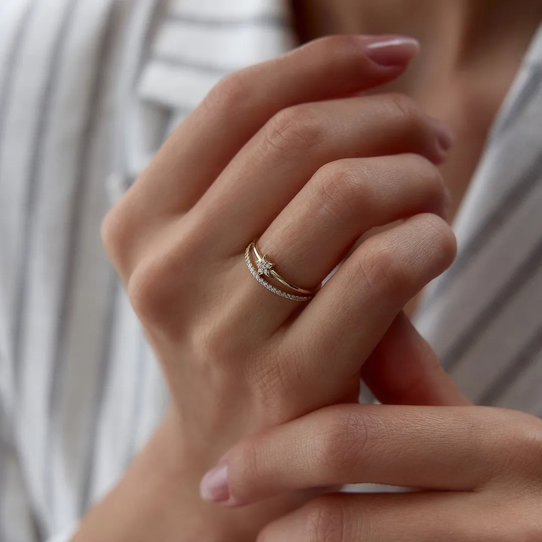 14k Gold Half Circle Star Double Ring
