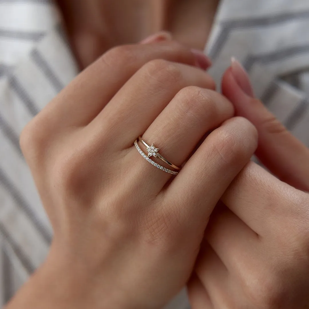 14k Gold Half Circle Star Double Ring