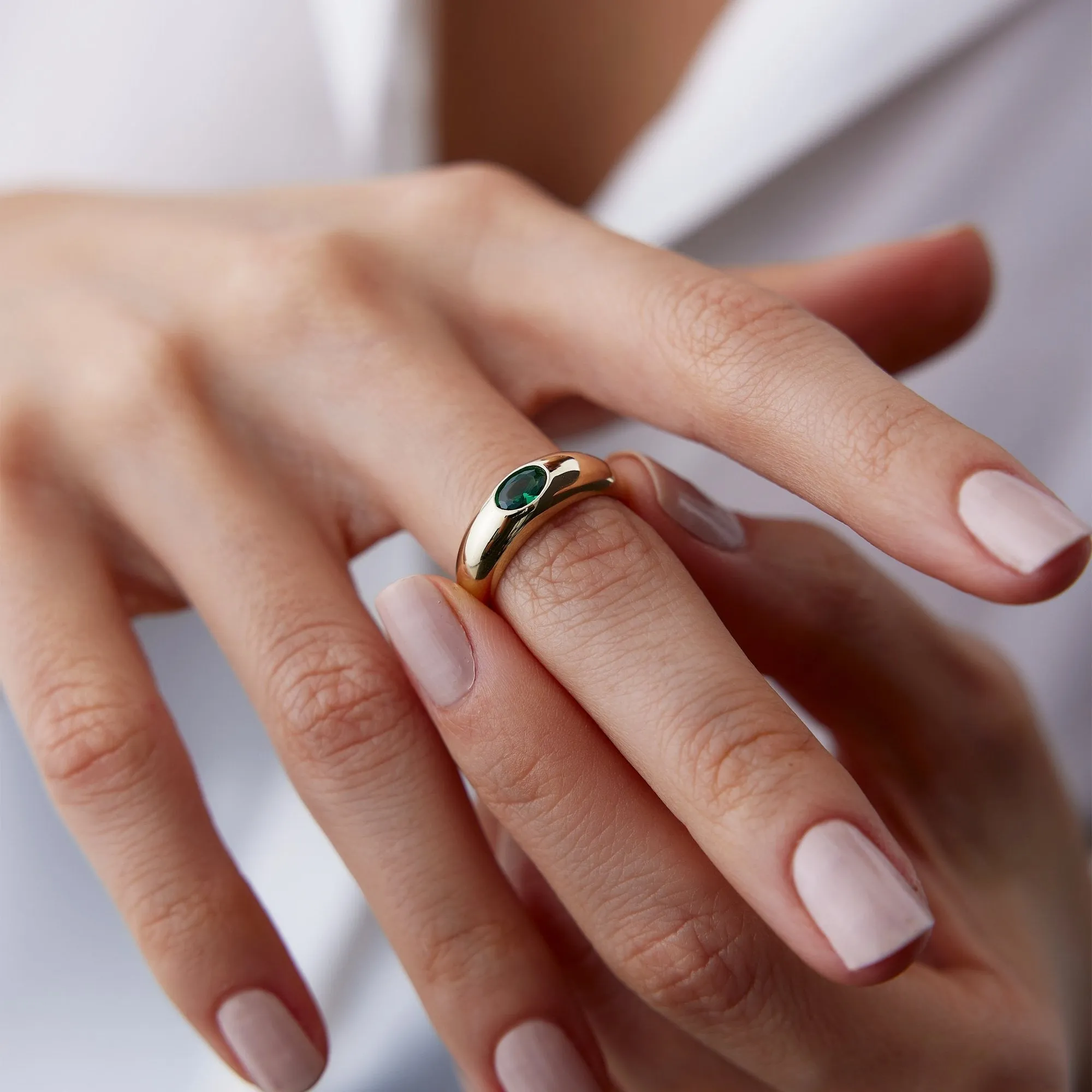14k Gold Light Green Pave Dome Ring