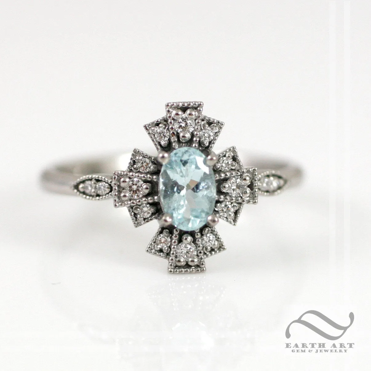 14k Natural Paraiba Tourmaline Engagement Ring - Art deco Themed