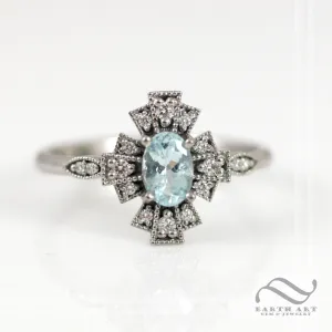 14k Natural Paraiba Tourmaline Engagement Ring - Art deco Themed