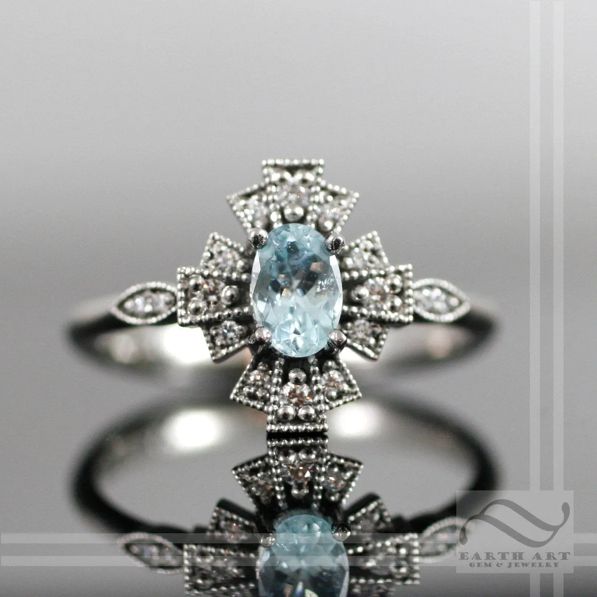 14k Natural Paraiba Tourmaline Engagement Ring - Art deco Themed