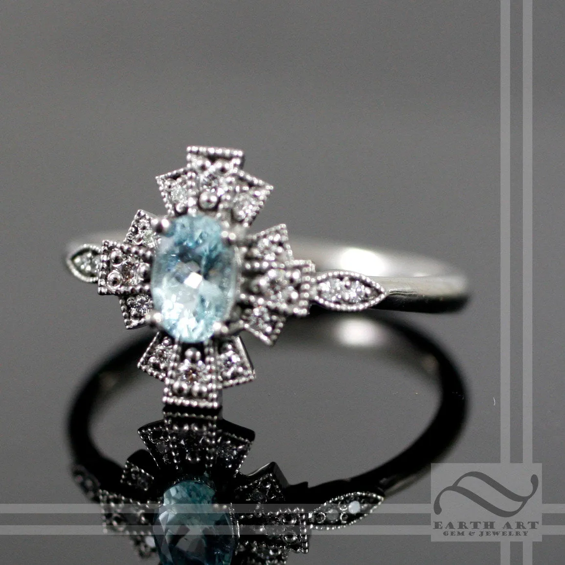 14k Natural Paraiba Tourmaline Engagement Ring - Art deco Themed
