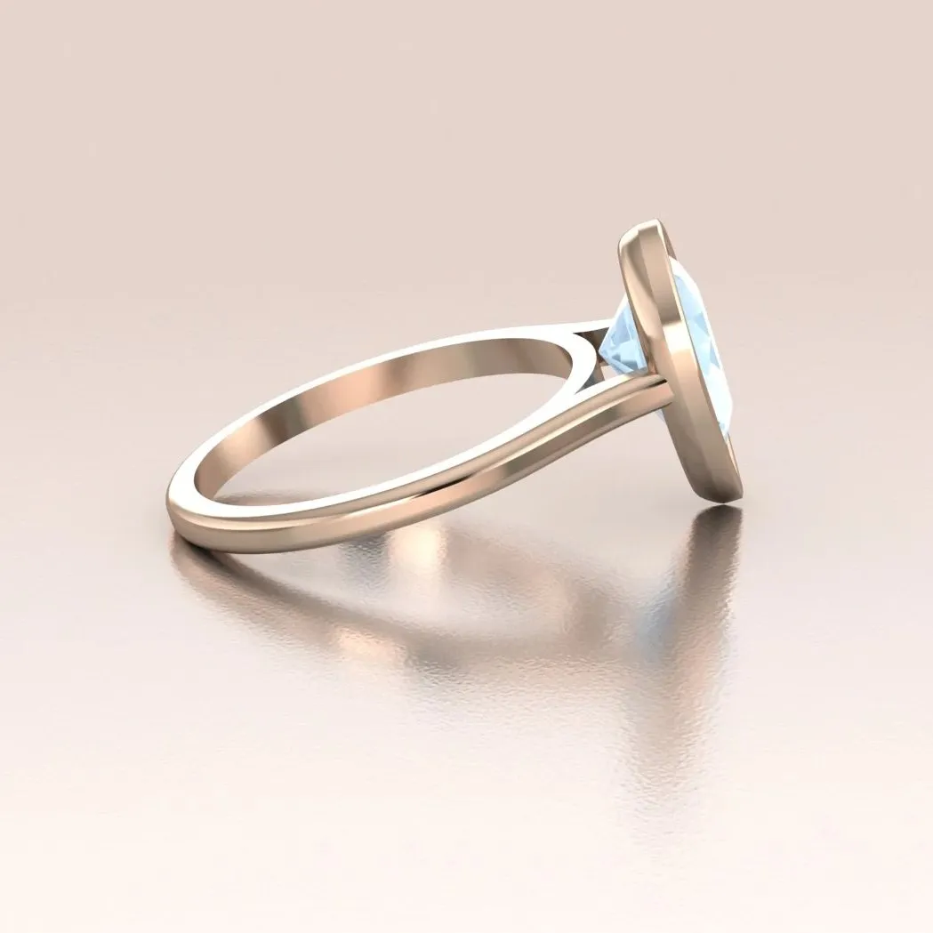 14K Rose Gold Pear Shape Aquamarine Minimalist Bezel Set Solitaire Engagement Ring