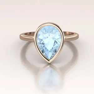 14K Rose Gold Pear Shape Aquamarine Minimalist Bezel Set Solitaire Engagement Ring