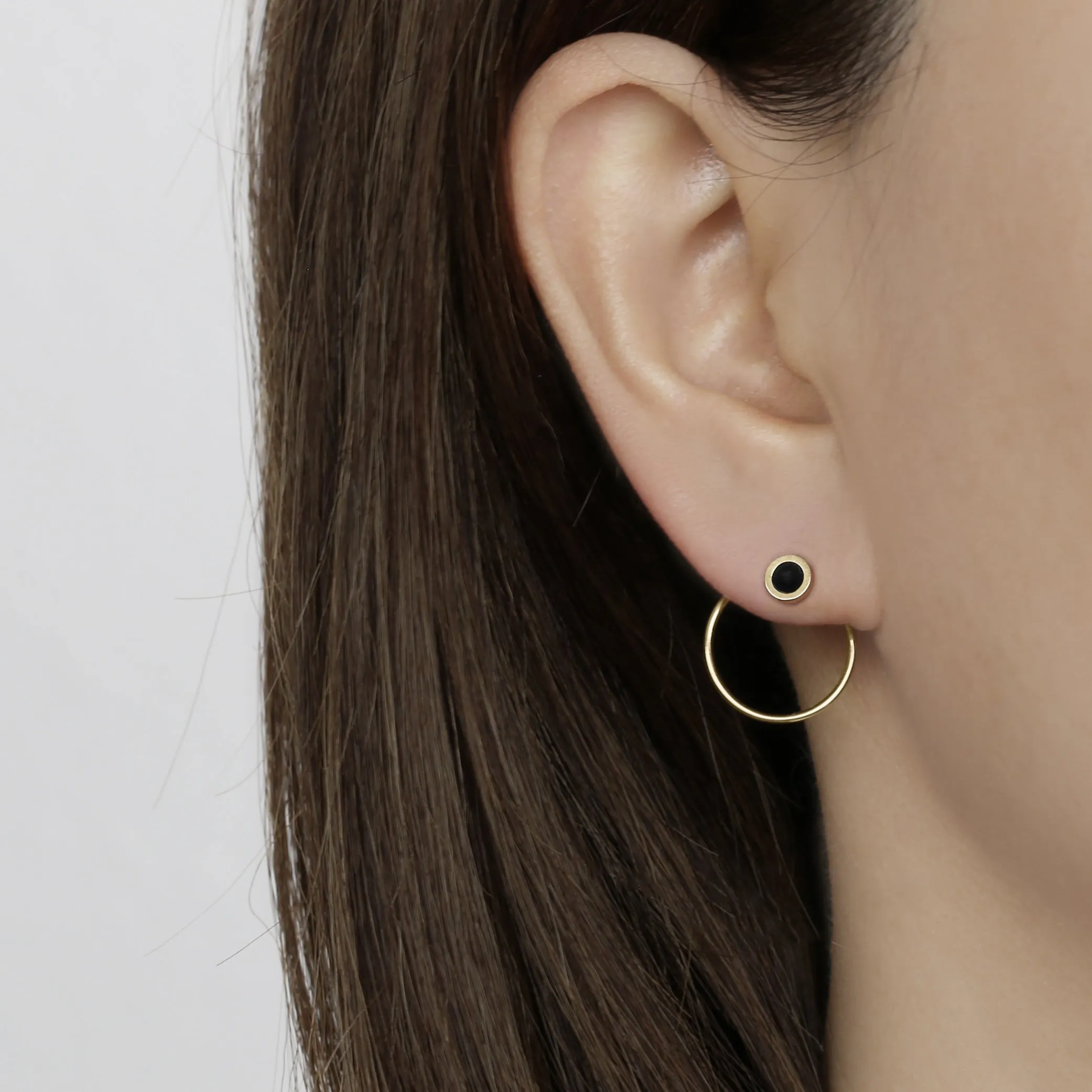 14k Solid Gold Black Circle Ear Jacket Earring