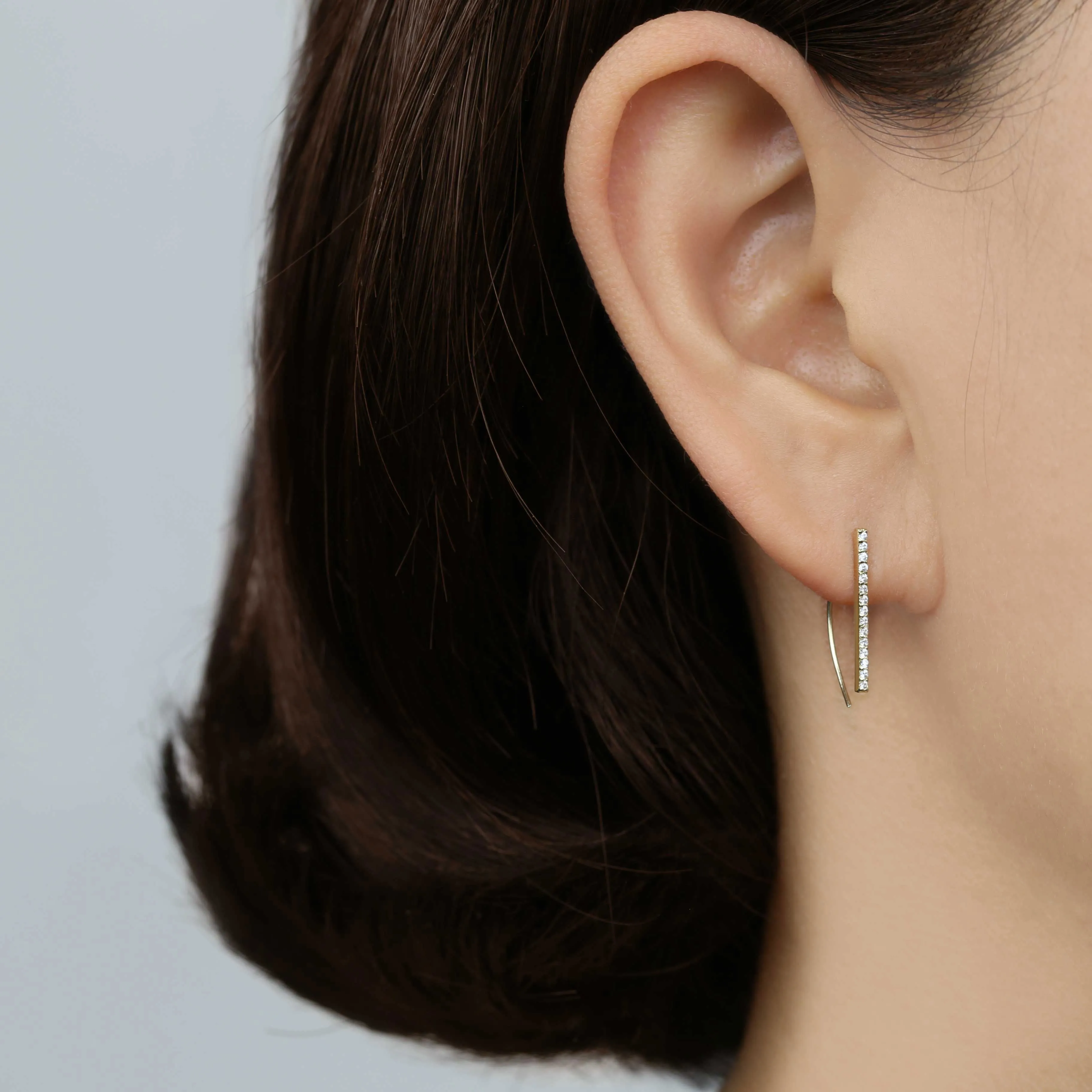 14k Solid Gold CZ Long Bar Threader Earring