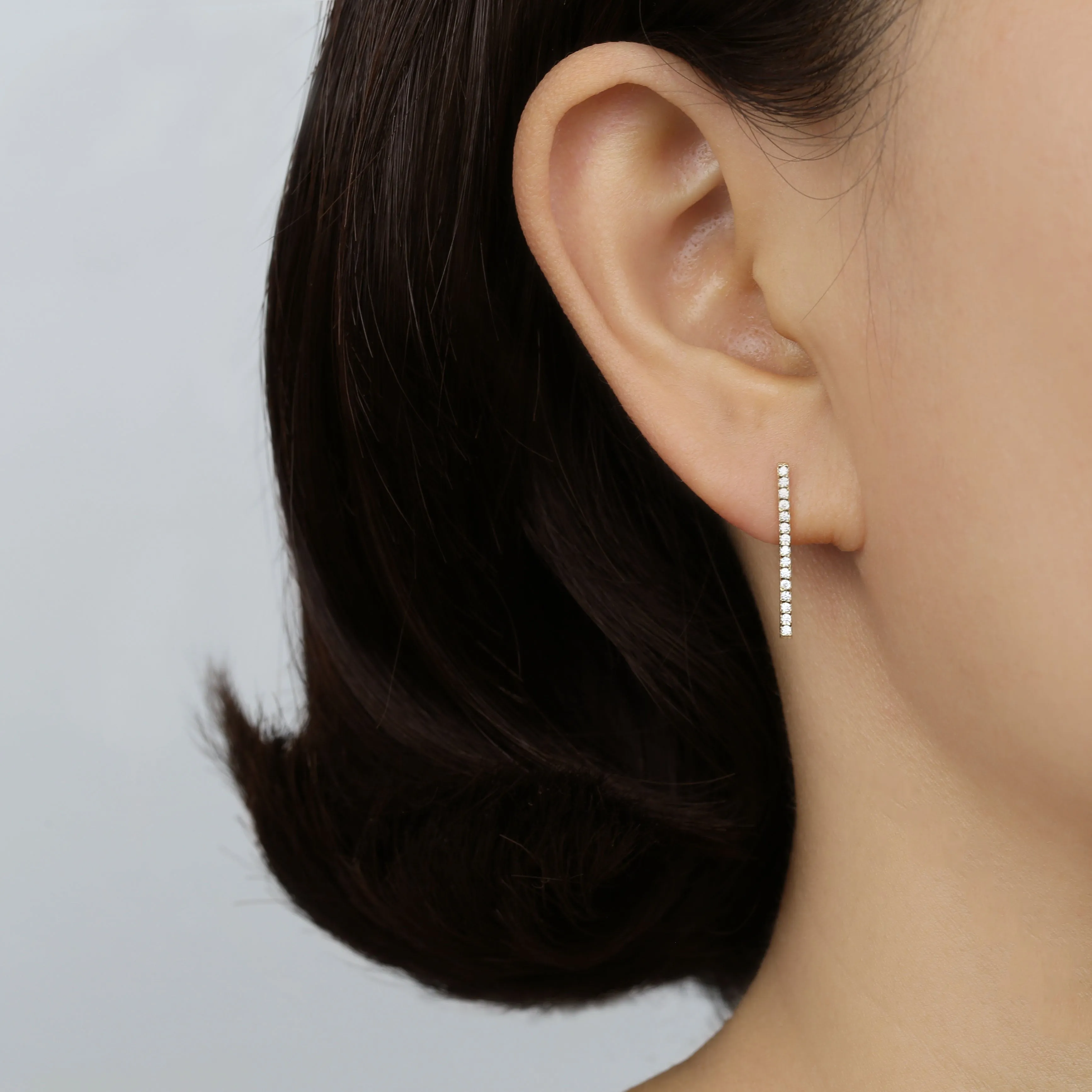 14k Solid Gold CZ Long Bar Threader Earring