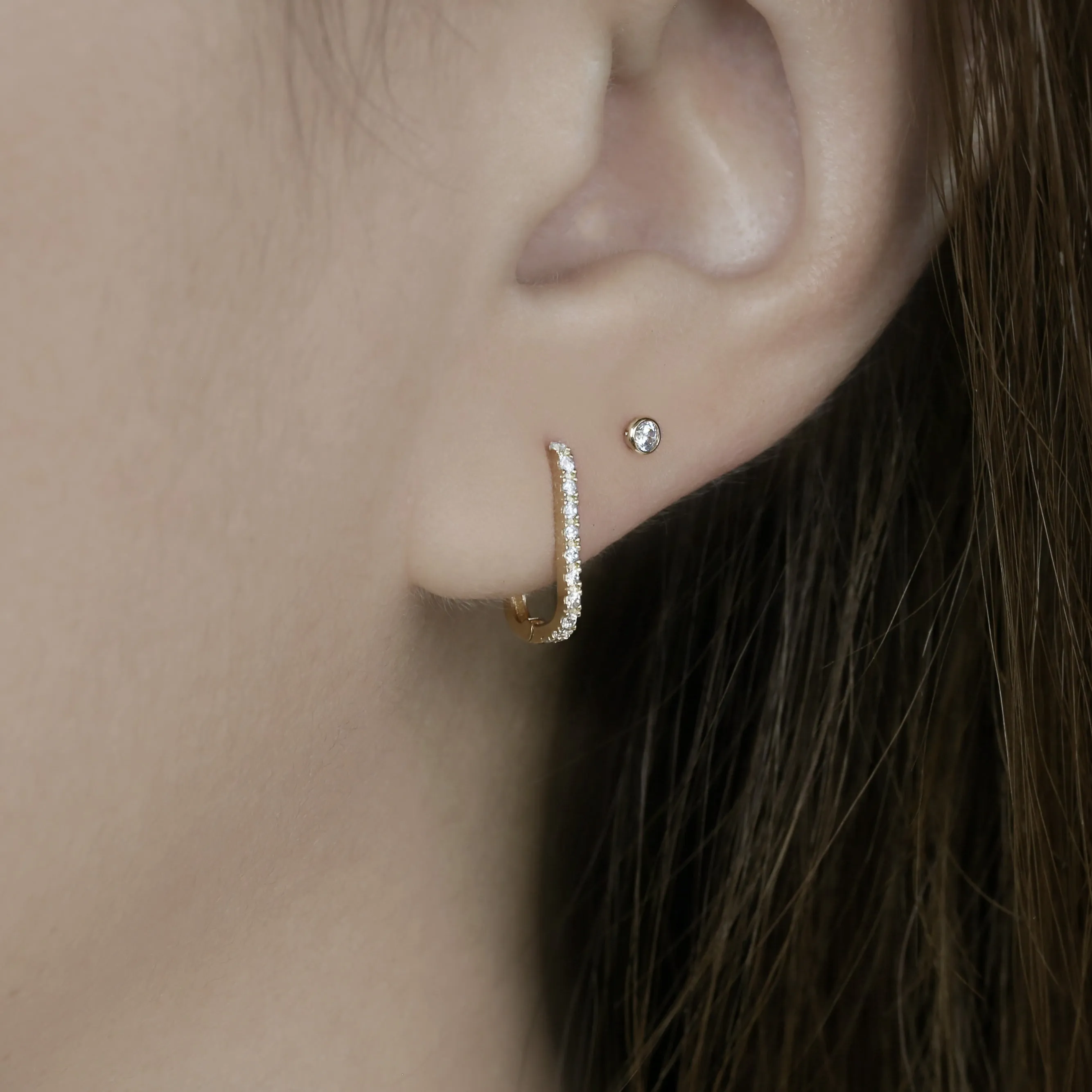 14k Solid Gold CZ Oval Hoop Earring