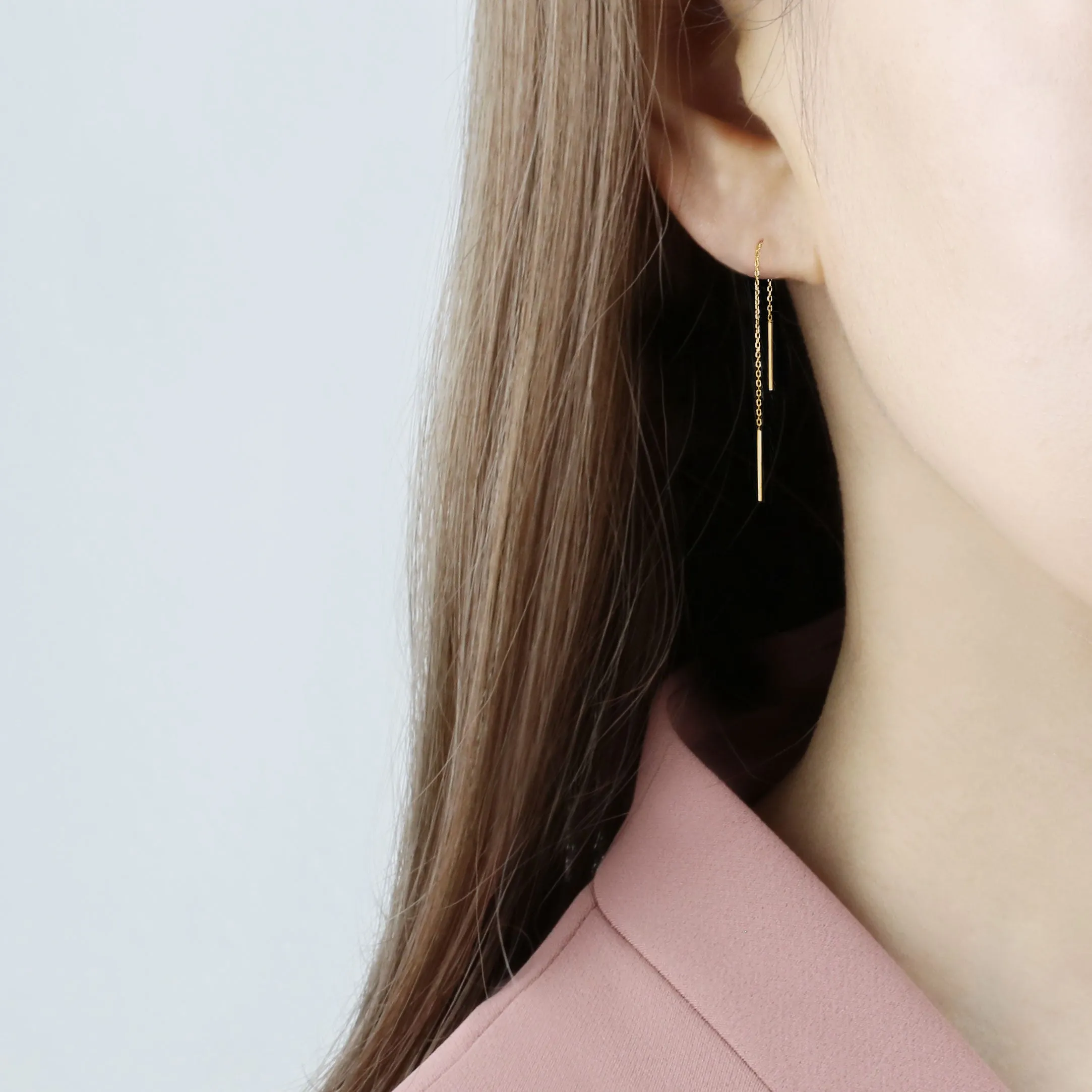 14k Solid Gold Double Bar Threader Earring