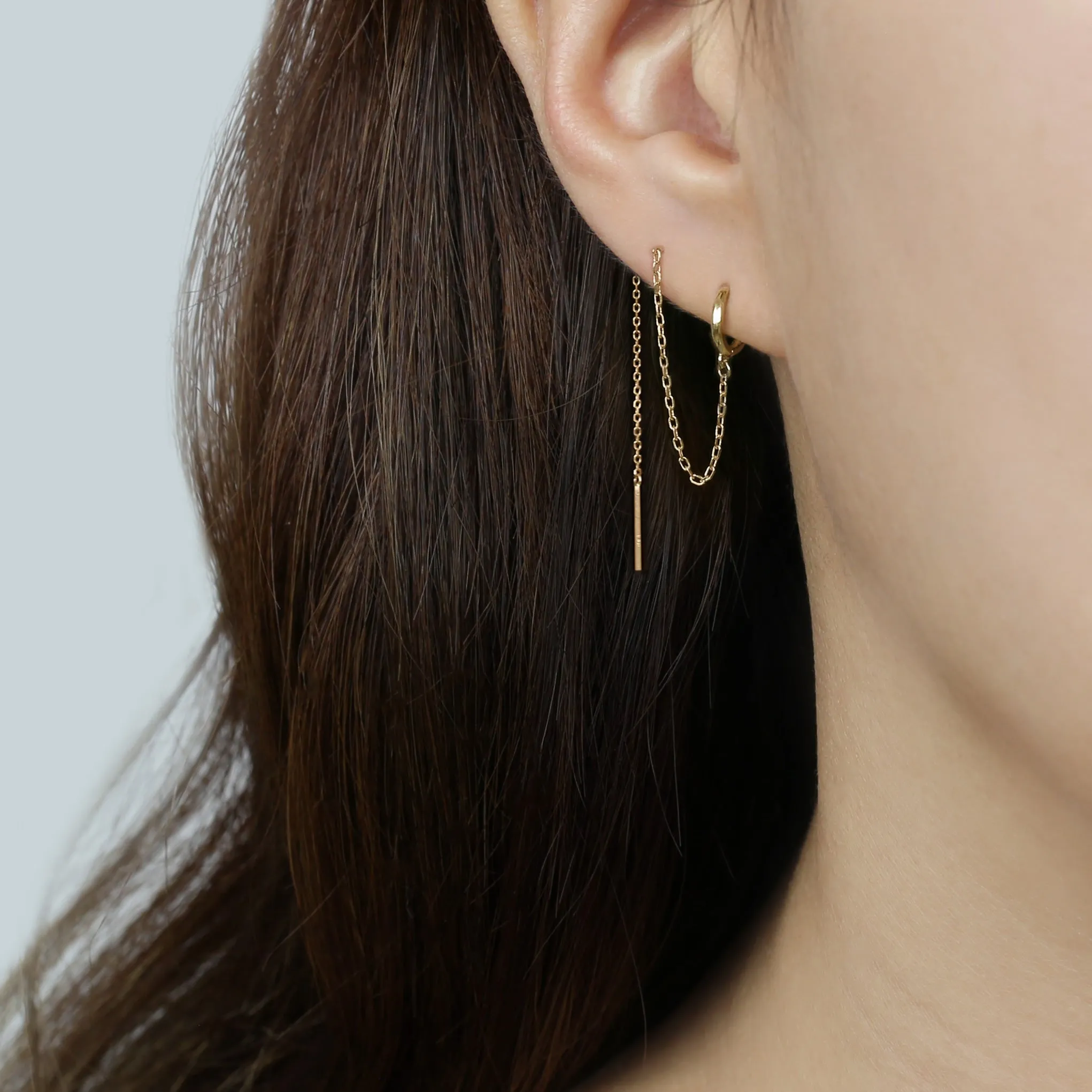 14k Solid Gold Extra Long Chain Threader Hoop Earring