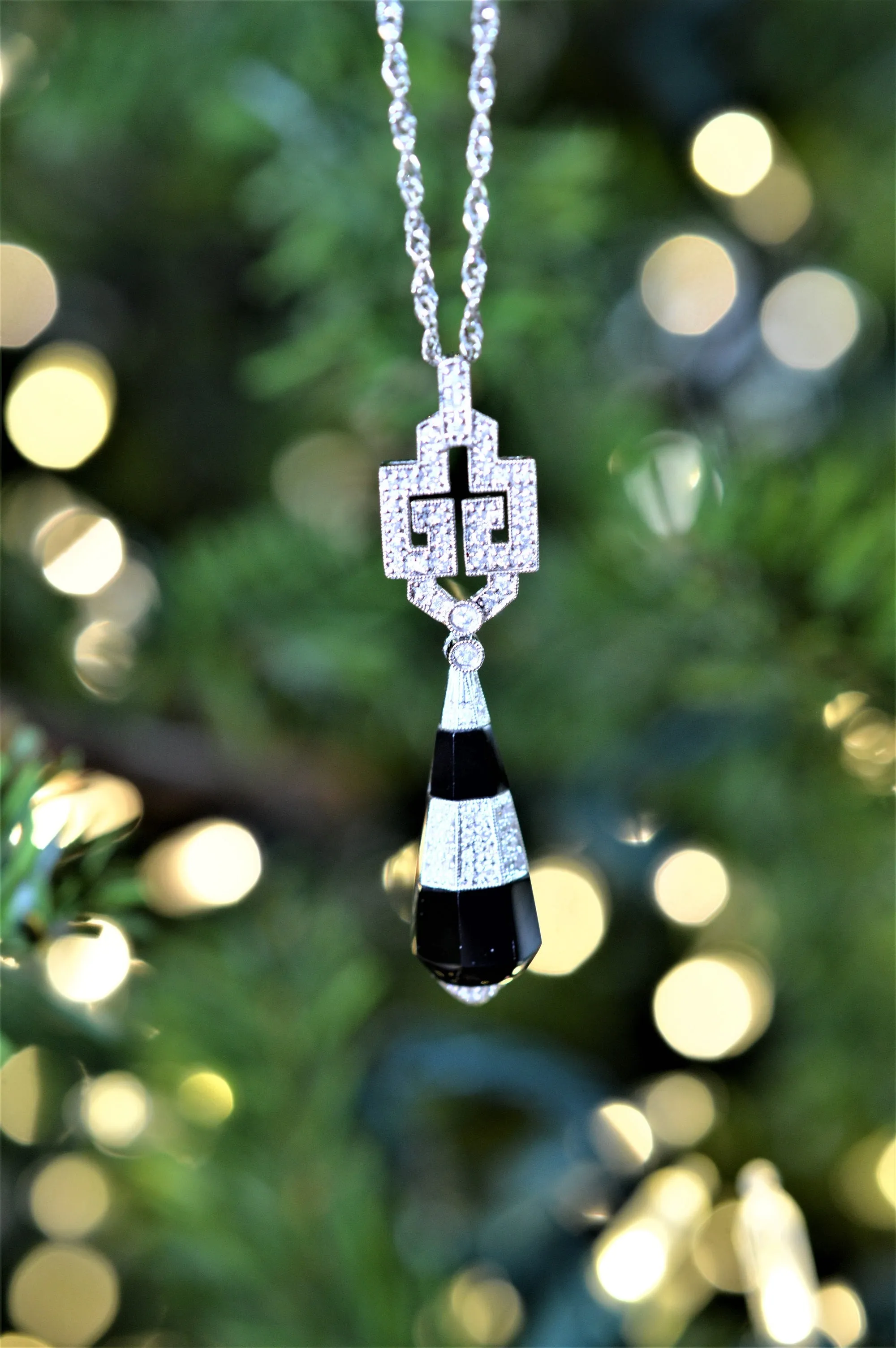 14K White Gold Black Onyx And Diamond Drop Pendant