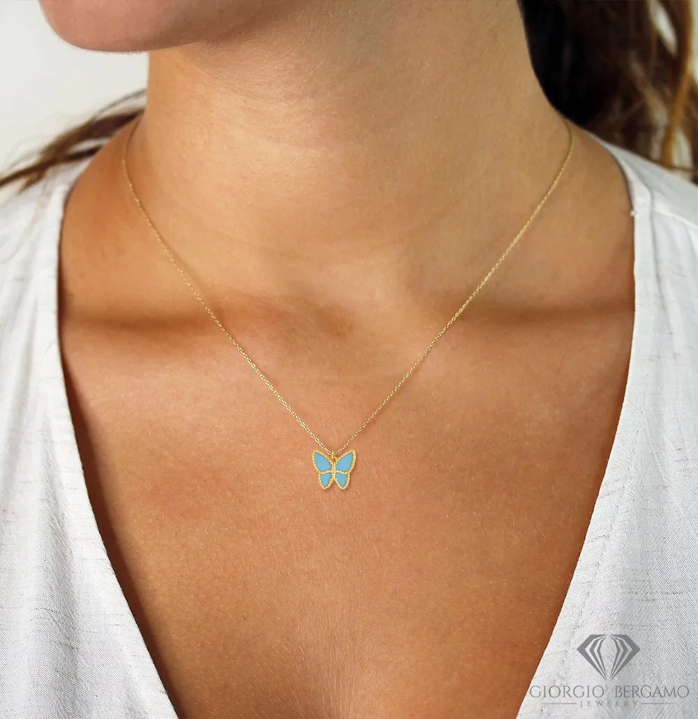 14K Yellow Gold Minimalist Gemstone Butterfly Pendant Necklace