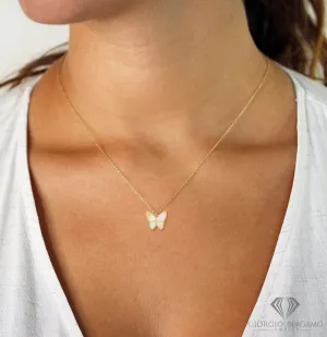 14K Yellow Gold Minimalist Gemstone Butterfly Pendant Necklace