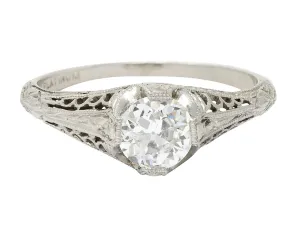 1915 Edwardian 0.63 CTW Diamond Platinum Filigree Engagement Ring