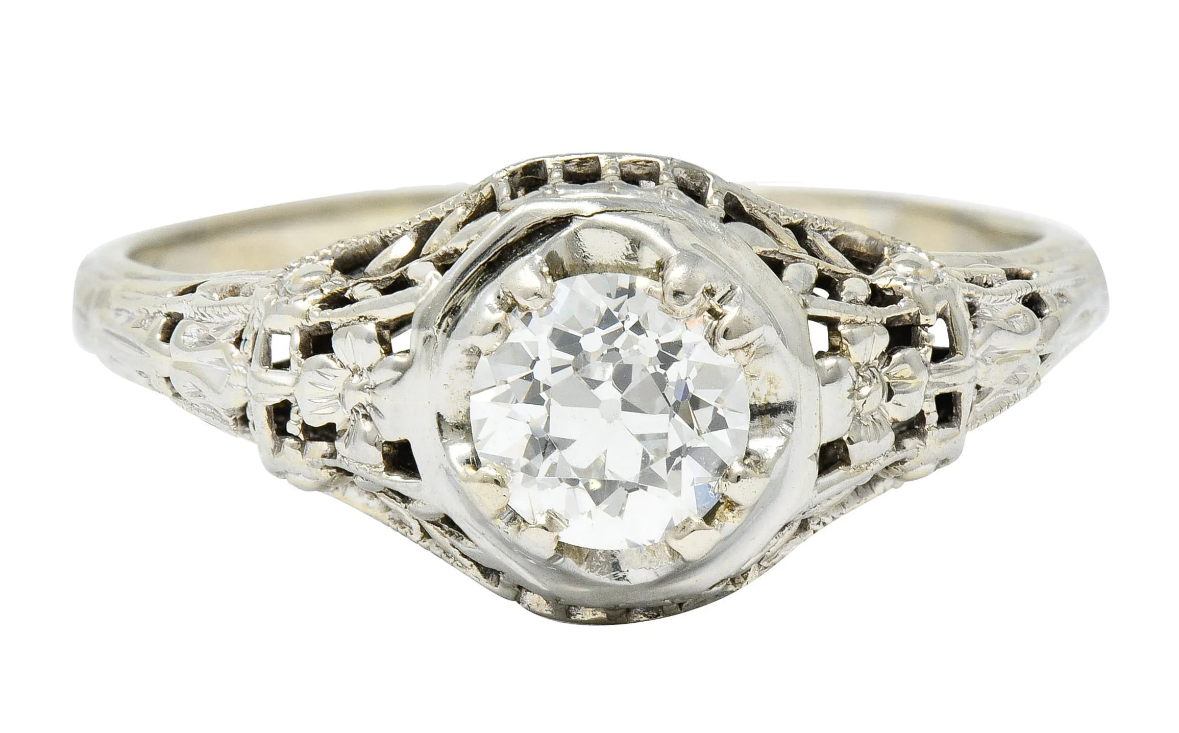1920's Art Deco 0.65 CTW Diamond 18 Karat Gold Foliate Engagement Ring