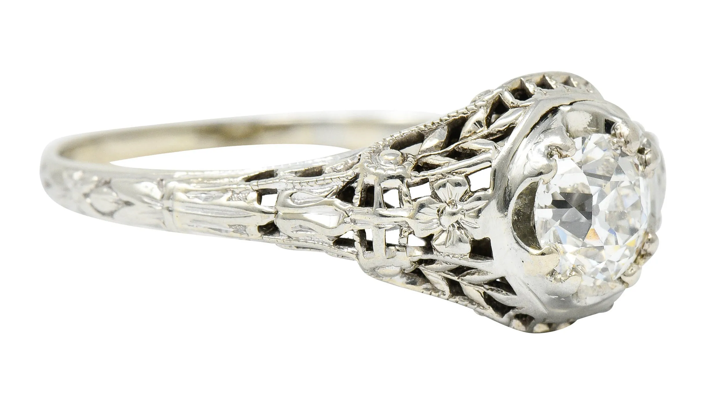 1920's Art Deco 0.65 CTW Diamond 18 Karat Gold Foliate Engagement Ring