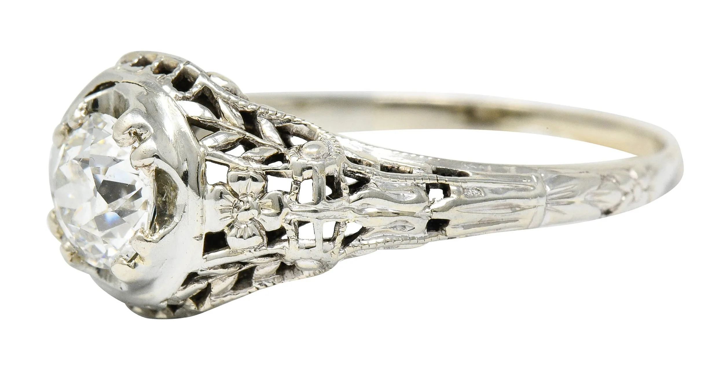 1920's Art Deco 0.65 CTW Diamond 18 Karat Gold Foliate Engagement Ring