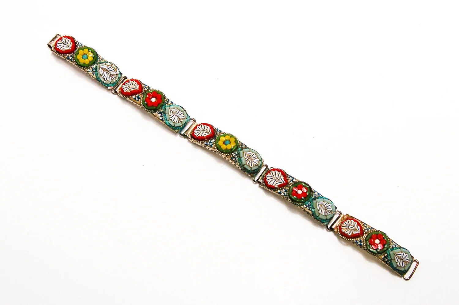 1920's Colorful Italian Mosaic Floral Panel Bracelet
