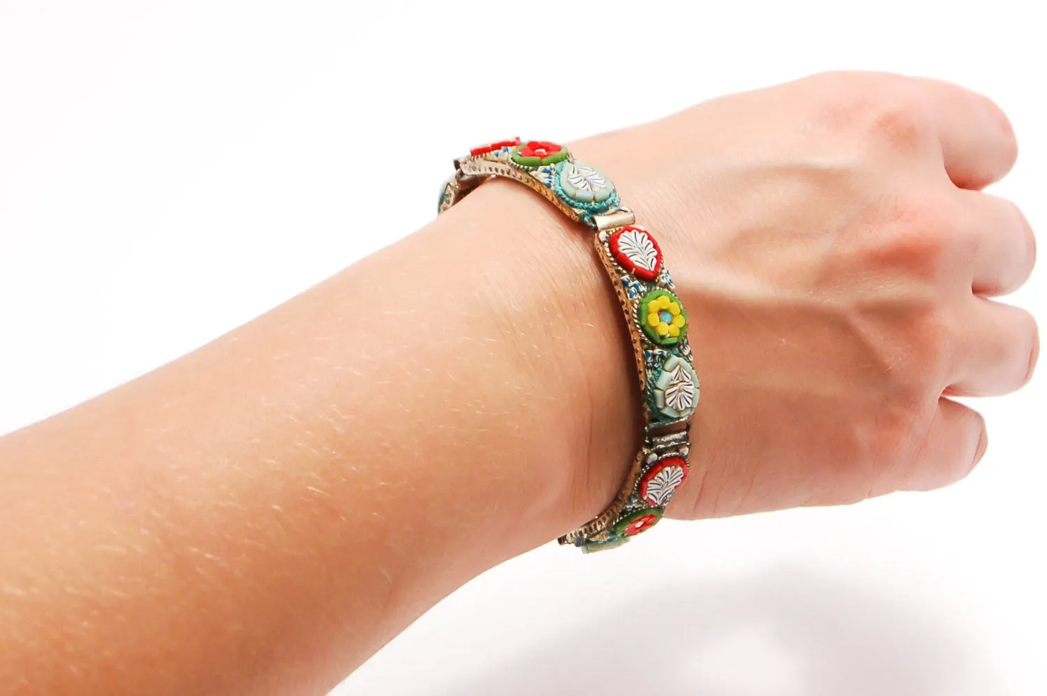 1920's Colorful Italian Mosaic Floral Panel Bracelet