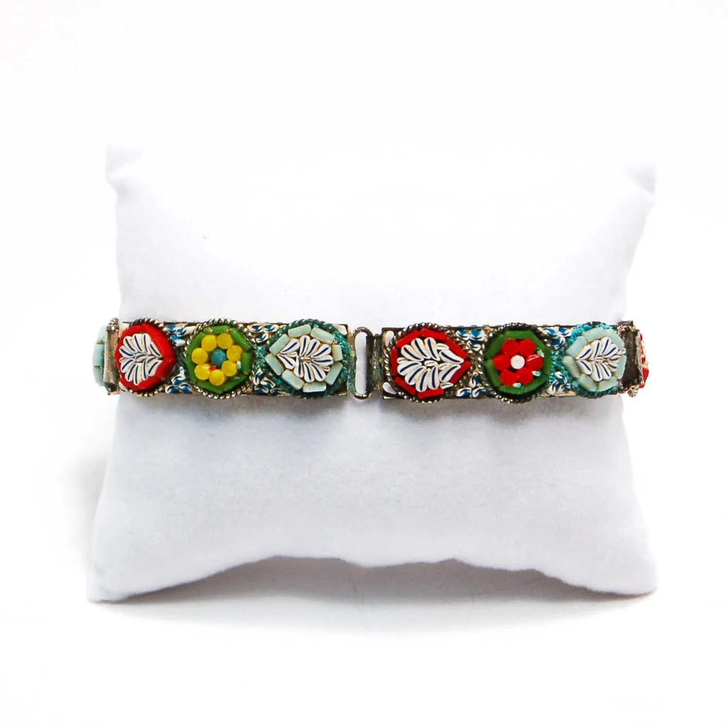1920's Colorful Italian Mosaic Floral Panel Bracelet