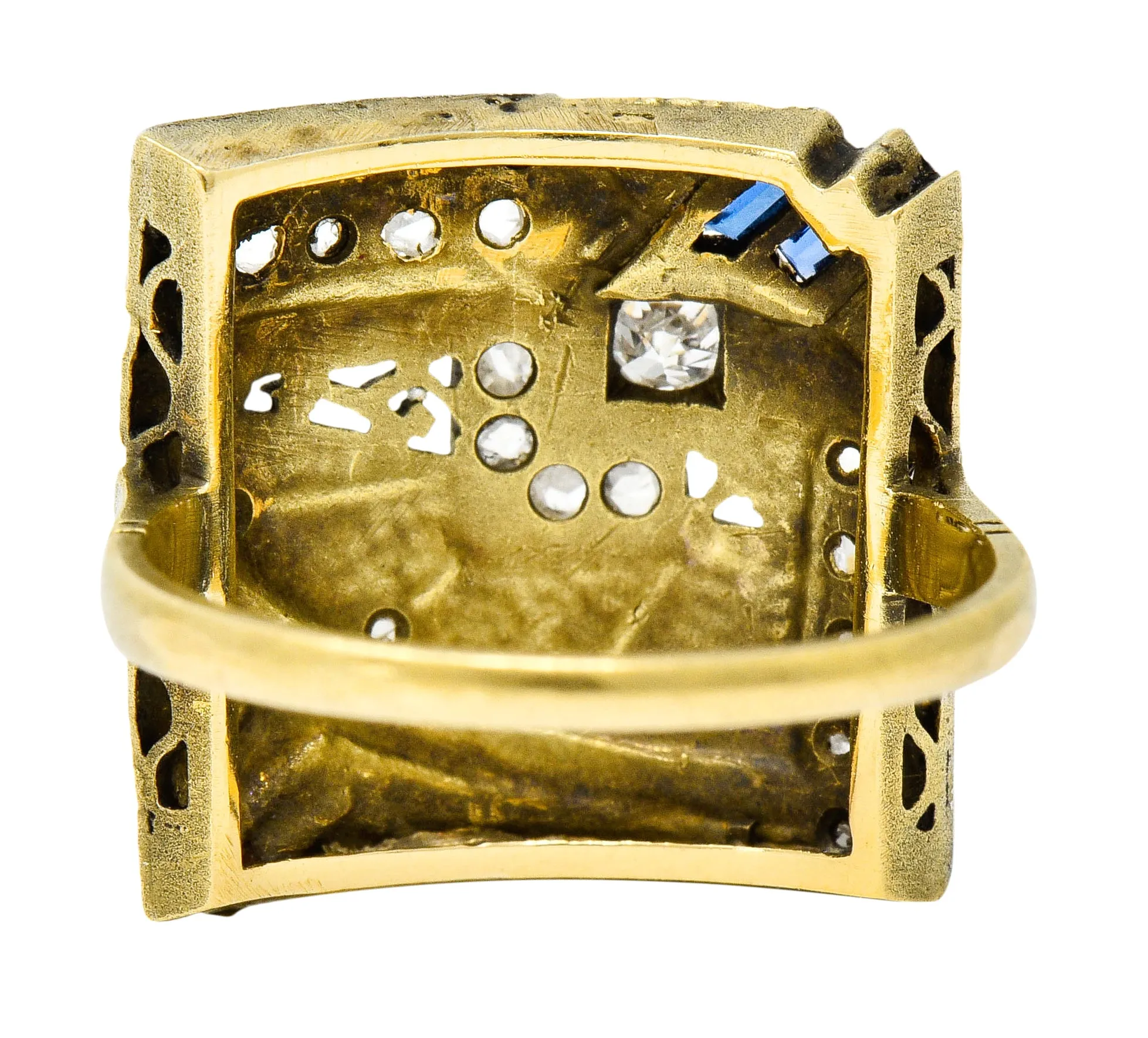 1920's Early Art Deco Diamond Sapphire Platinum-Topped 18 Karat Gold Egyptian Revival Ring
