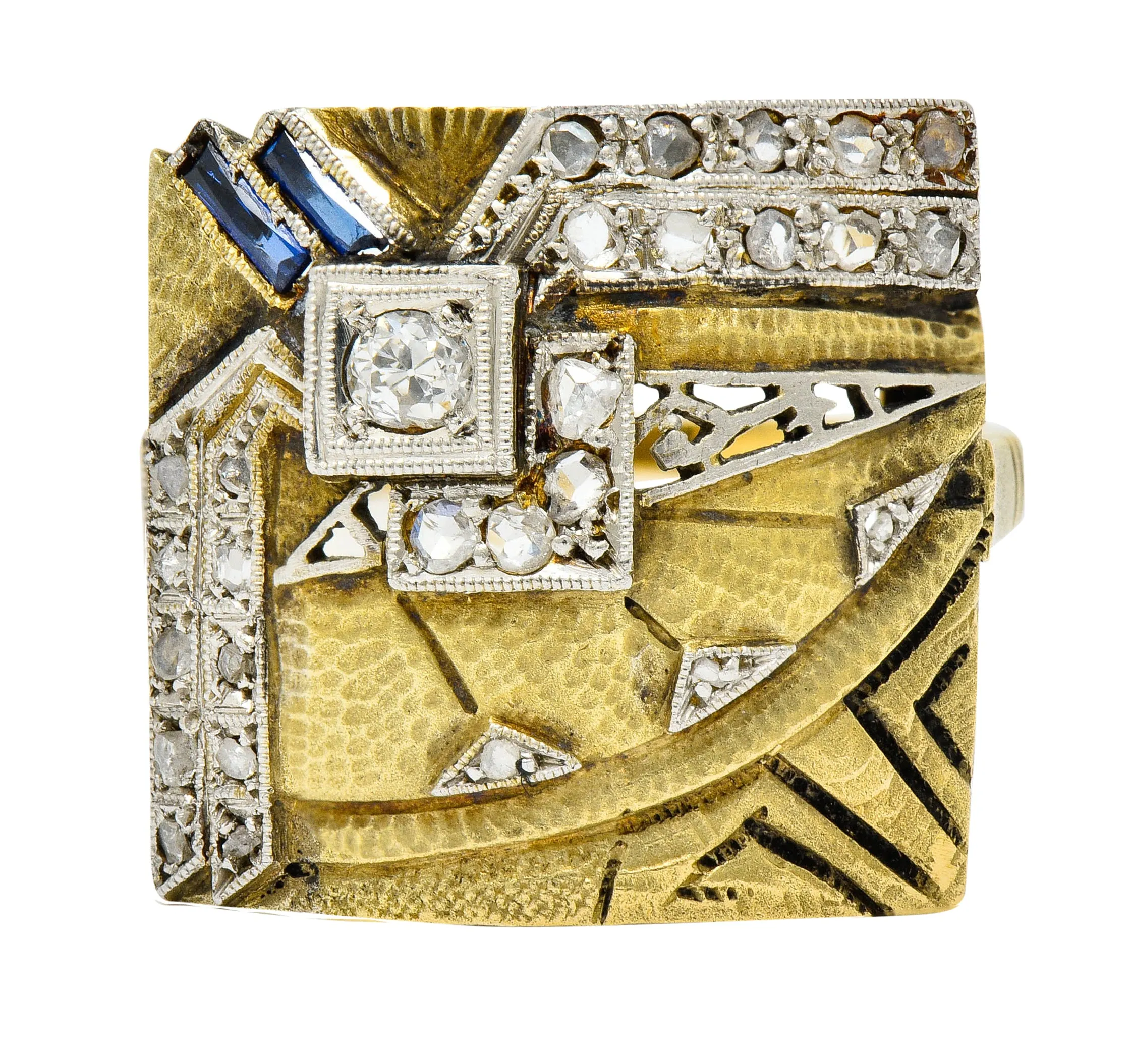 1920's Early Art Deco Diamond Sapphire Platinum-Topped 18 Karat Gold Egyptian Revival Ring