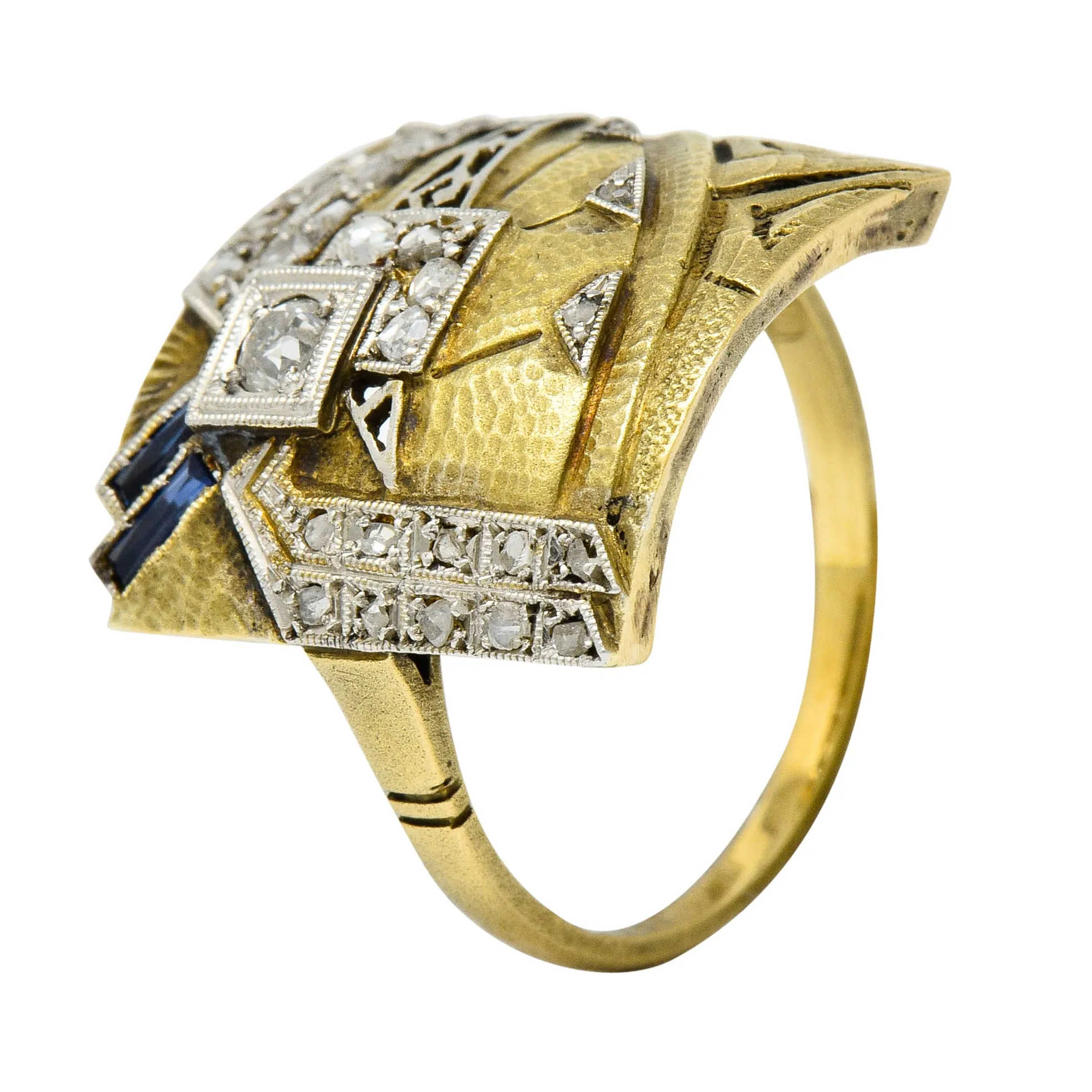 1920's Early Art Deco Diamond Sapphire Platinum-Topped 18 Karat Gold Egyptian Revival Ring