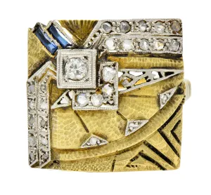1920's Early Art Deco Diamond Sapphire Platinum-Topped 18 Karat Gold Egyptian Revival Ring