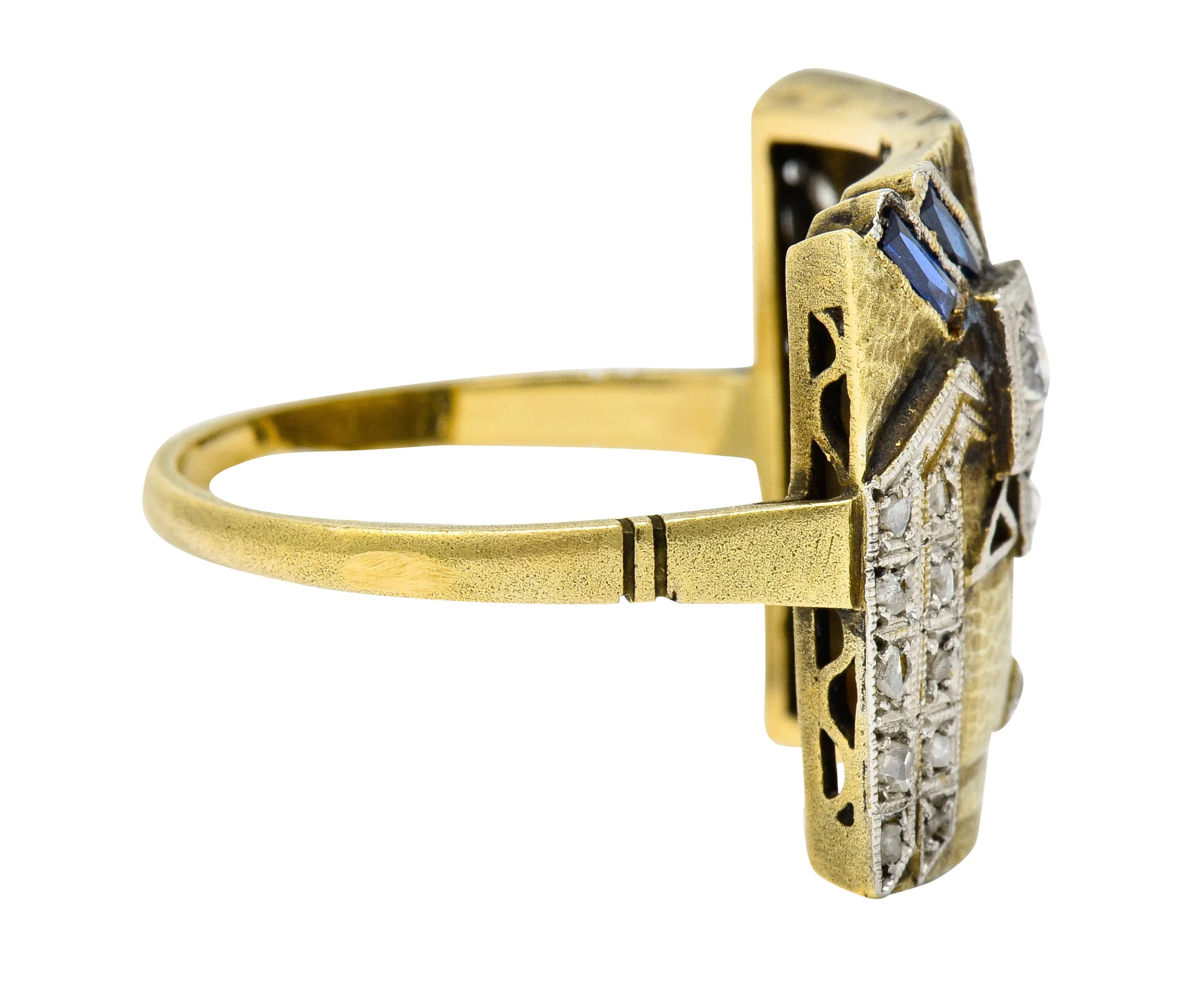 1920's Early Art Deco Diamond Sapphire Platinum-Topped 18 Karat Gold Egyptian Revival Ring