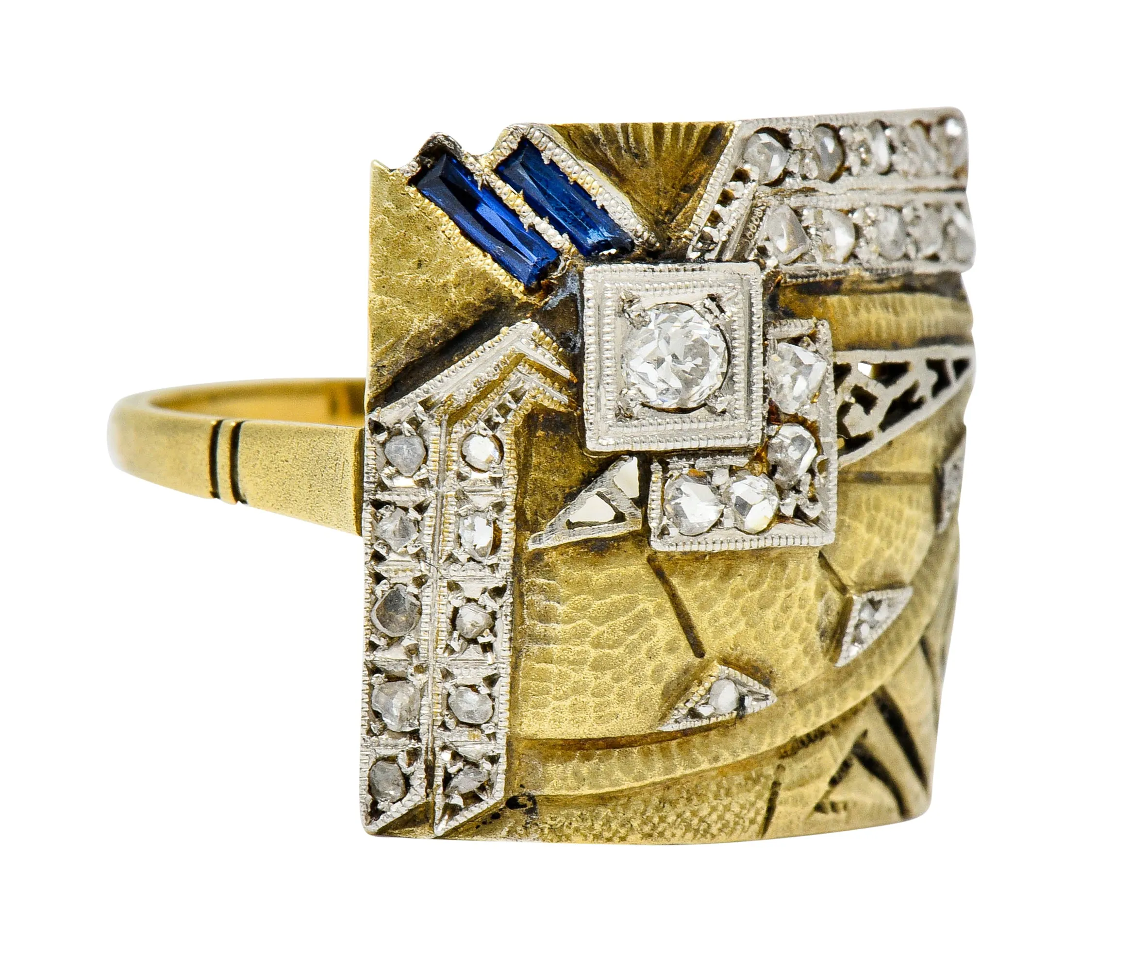 1920's Early Art Deco Diamond Sapphire Platinum-Topped 18 Karat Gold Egyptian Revival Ring