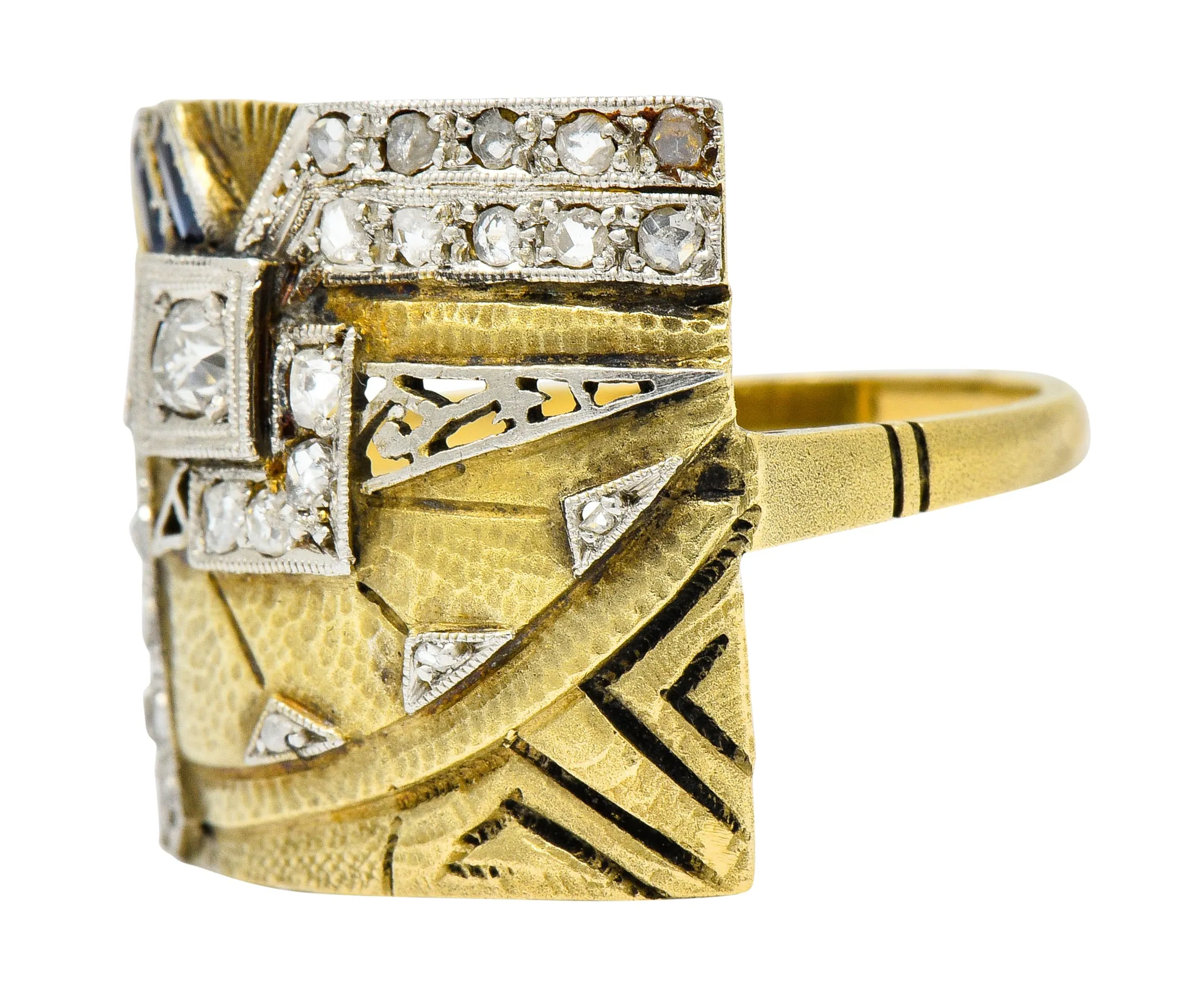 1920's Early Art Deco Diamond Sapphire Platinum-Topped 18 Karat Gold Egyptian Revival Ring