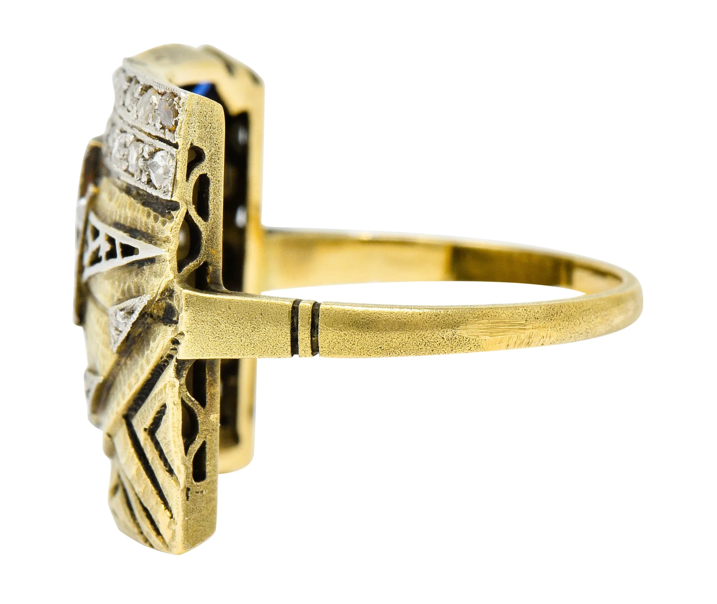 1920's Early Art Deco Diamond Sapphire Platinum-Topped 18 Karat Gold Egyptian Revival Ring