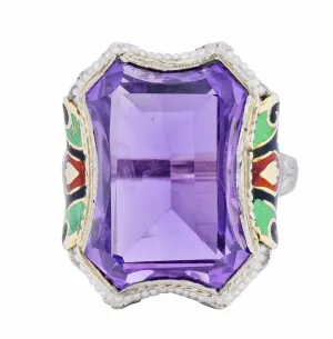 1930's Art Deco Amethyst Enamel Pearl 14 Karat Two-Tone Gold Statement Ring