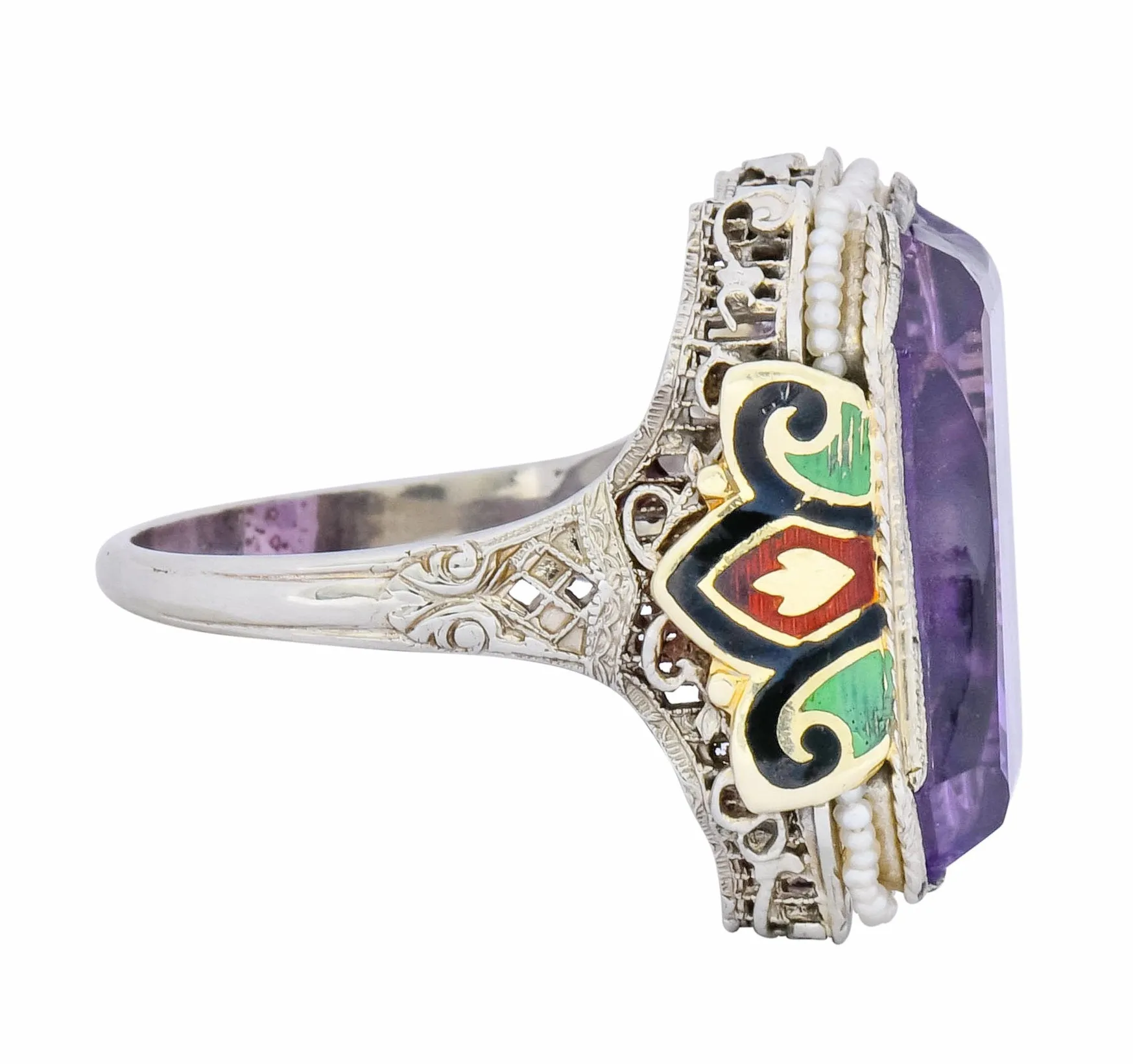 1930's Art Deco Amethyst Enamel Pearl 14 Karat Two-Tone Gold Statement Ring