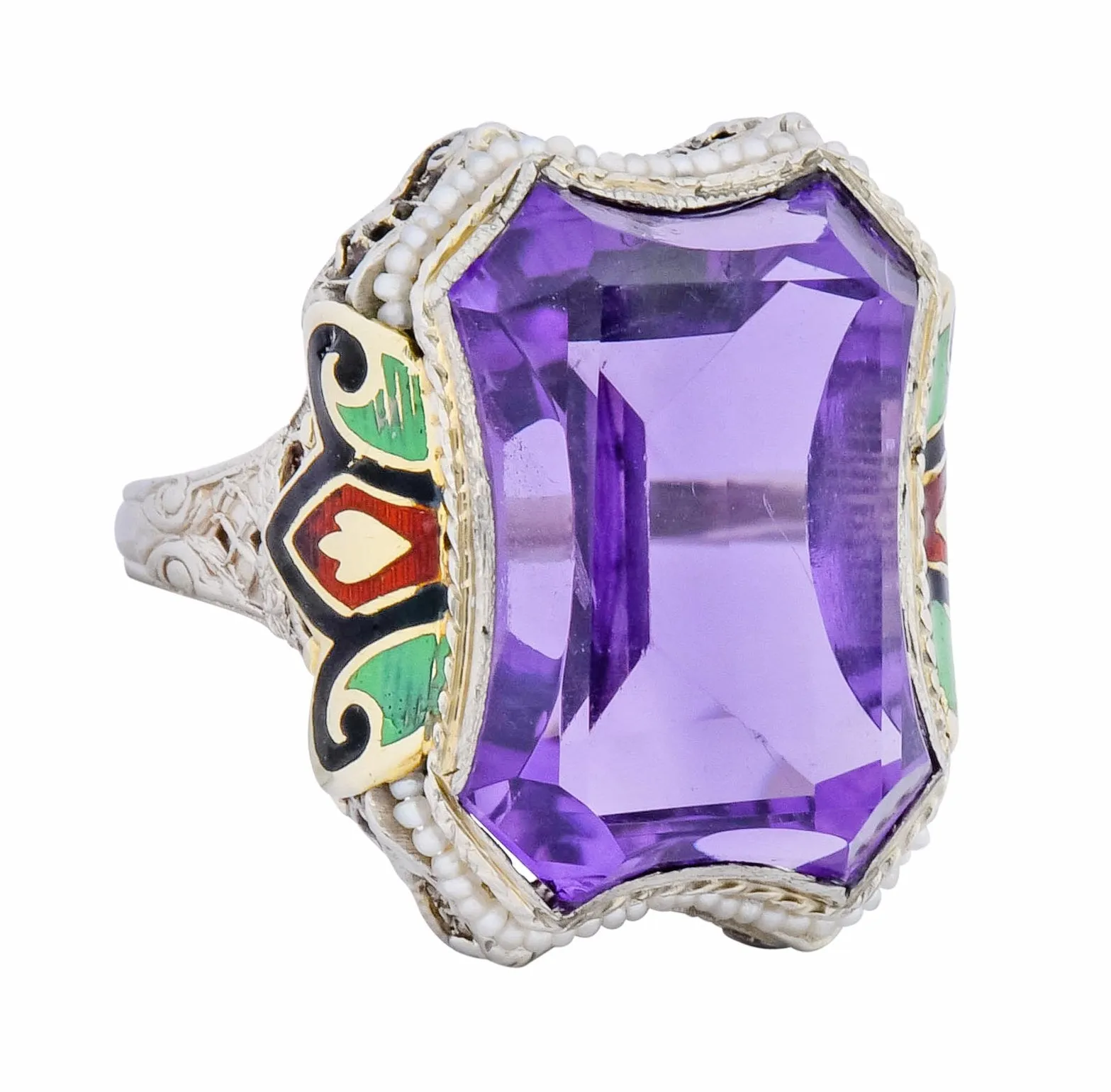 1930's Art Deco Amethyst Enamel Pearl 14 Karat Two-Tone Gold Statement Ring