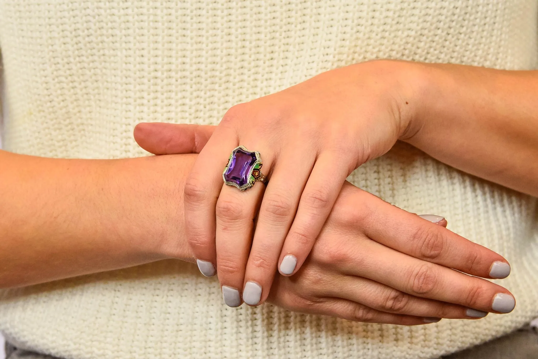 1930's Art Deco Amethyst Enamel Pearl 14 Karat Two-Tone Gold Statement Ring