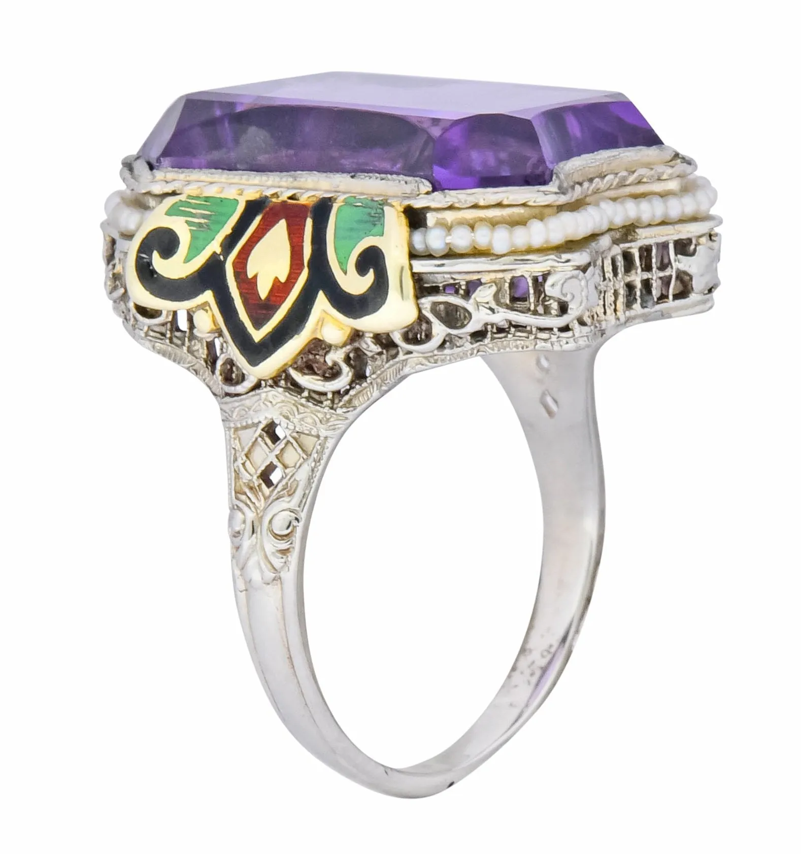1930's Art Deco Amethyst Enamel Pearl 14 Karat Two-Tone Gold Statement Ring