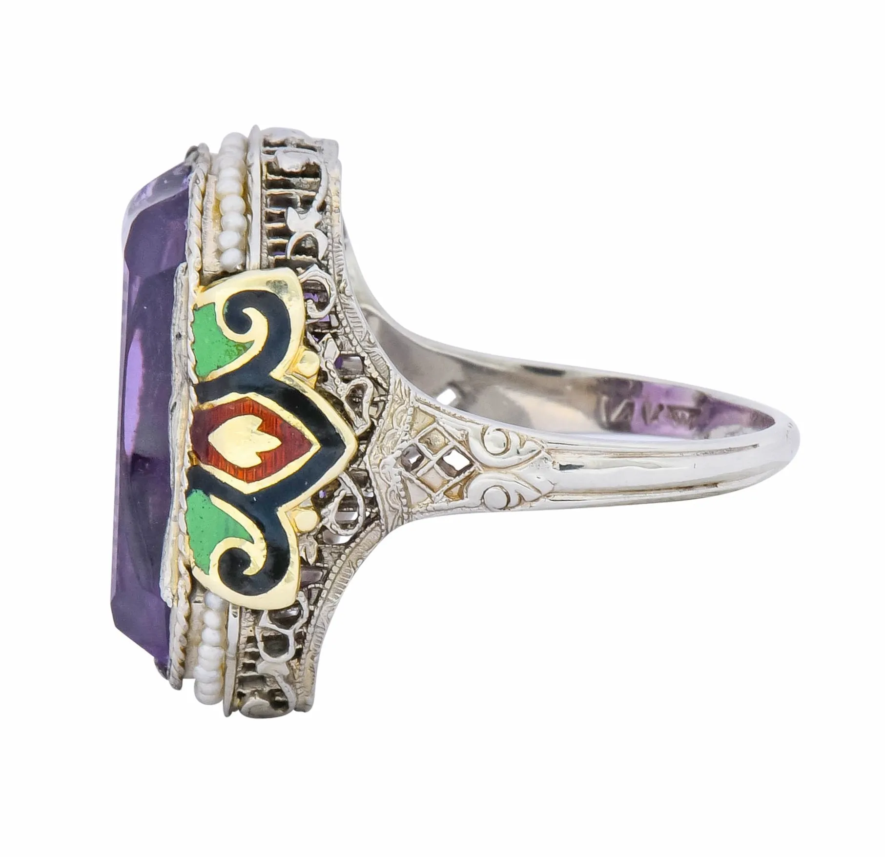 1930's Art Deco Amethyst Enamel Pearl 14 Karat Two-Tone Gold Statement Ring