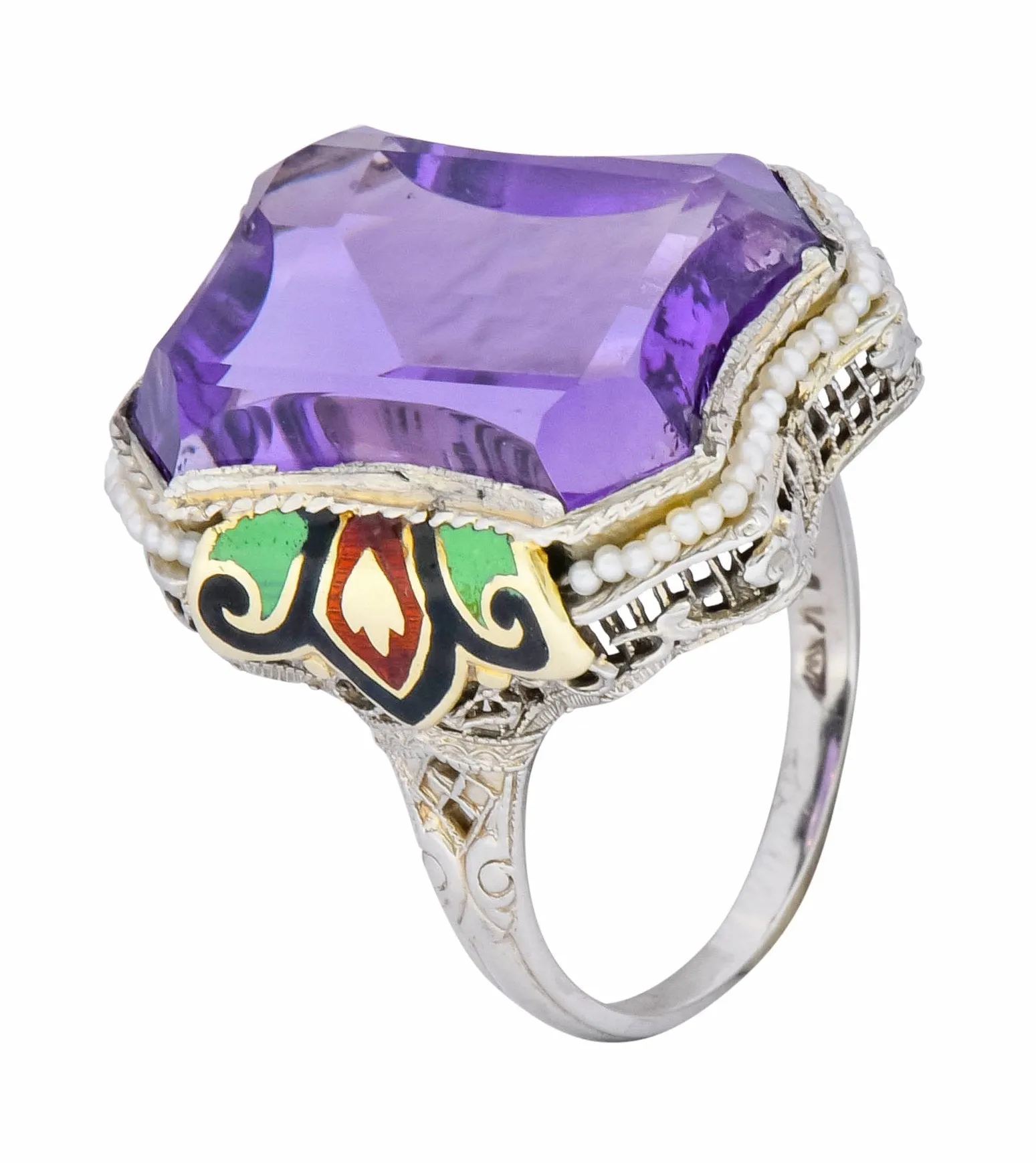1930's Art Deco Amethyst Enamel Pearl 14 Karat Two-Tone Gold Statement Ring