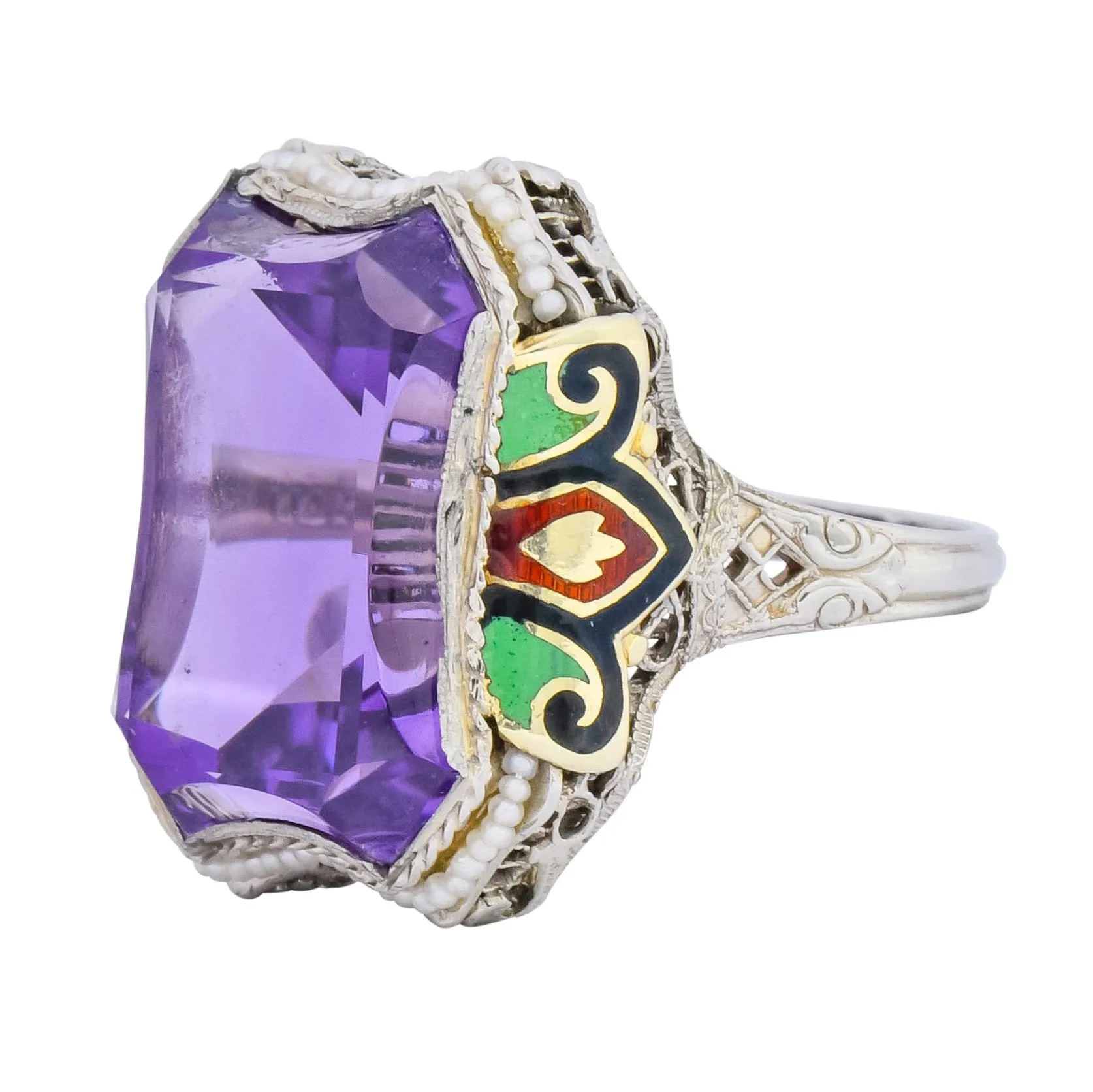1930's Art Deco Amethyst Enamel Pearl 14 Karat Two-Tone Gold Statement Ring
