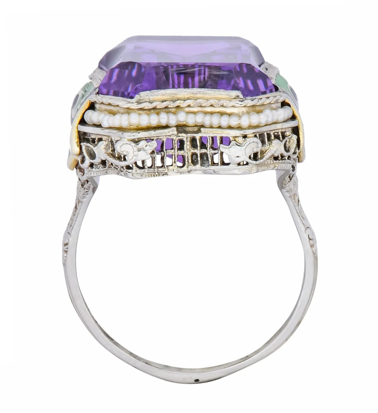 1930's Art Deco Amethyst Enamel Pearl 14 Karat Two-Tone Gold Statement Ring