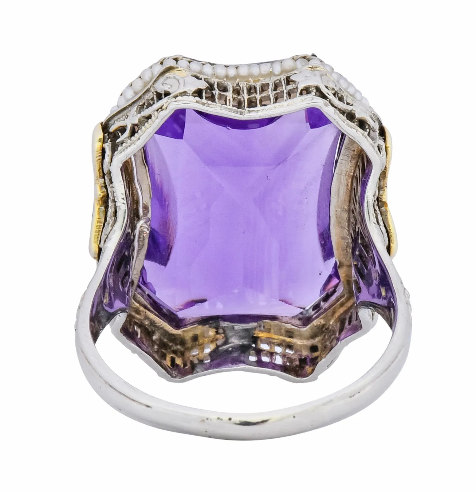 1930's Art Deco Amethyst Enamel Pearl 14 Karat Two-Tone Gold Statement Ring