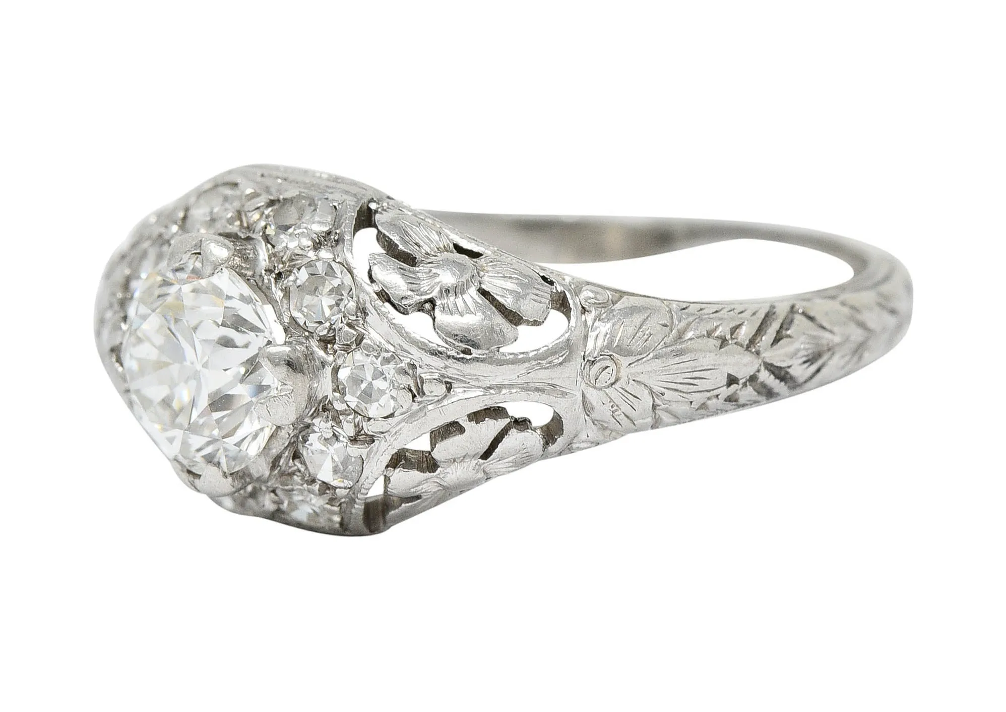 1930's William Kinscherf Co. 0.85 CTW Diamond Platinum Floral Engagement Ring