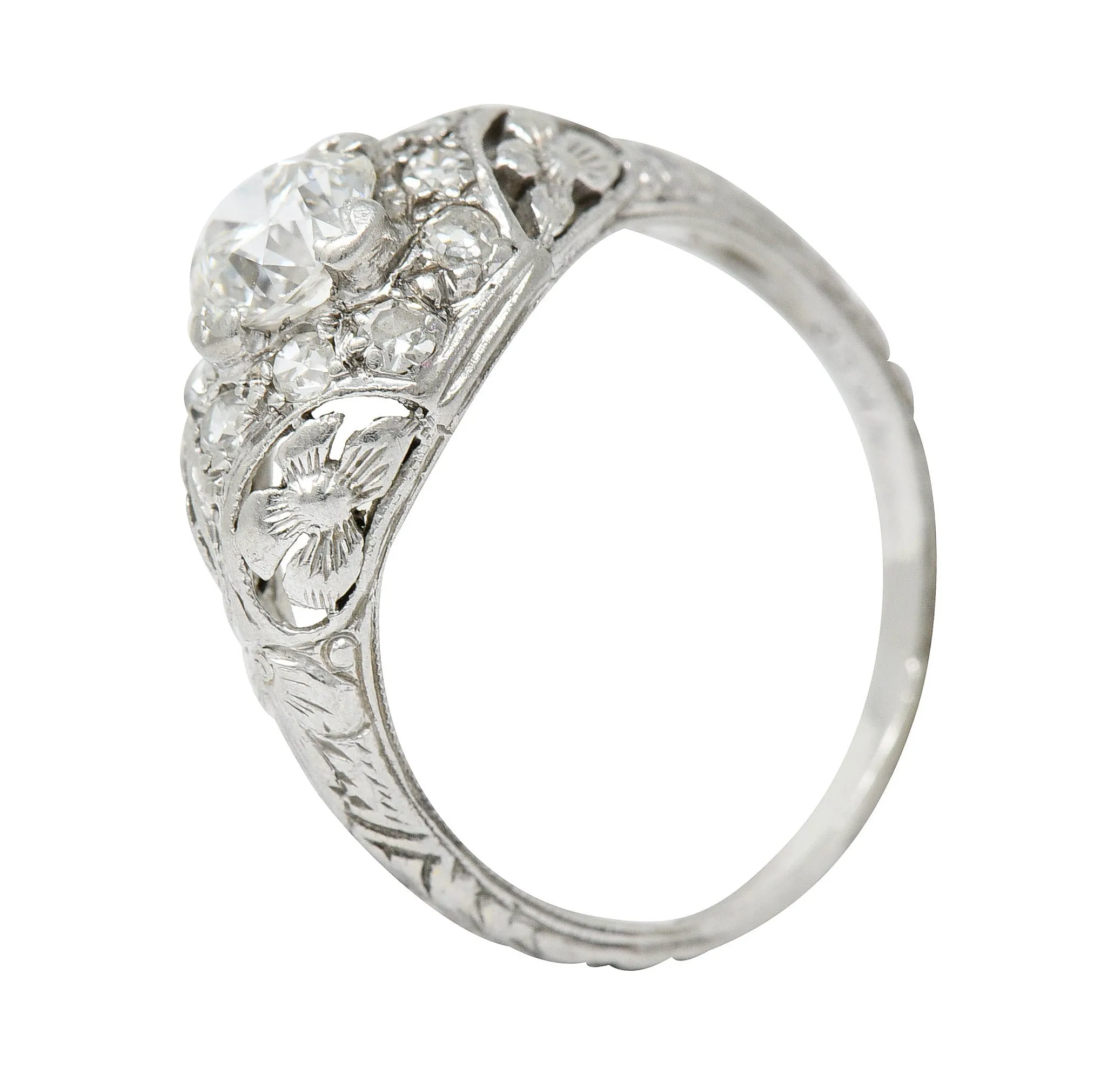 1930's William Kinscherf Co. 0.85 CTW Diamond Platinum Floral Engagement Ring