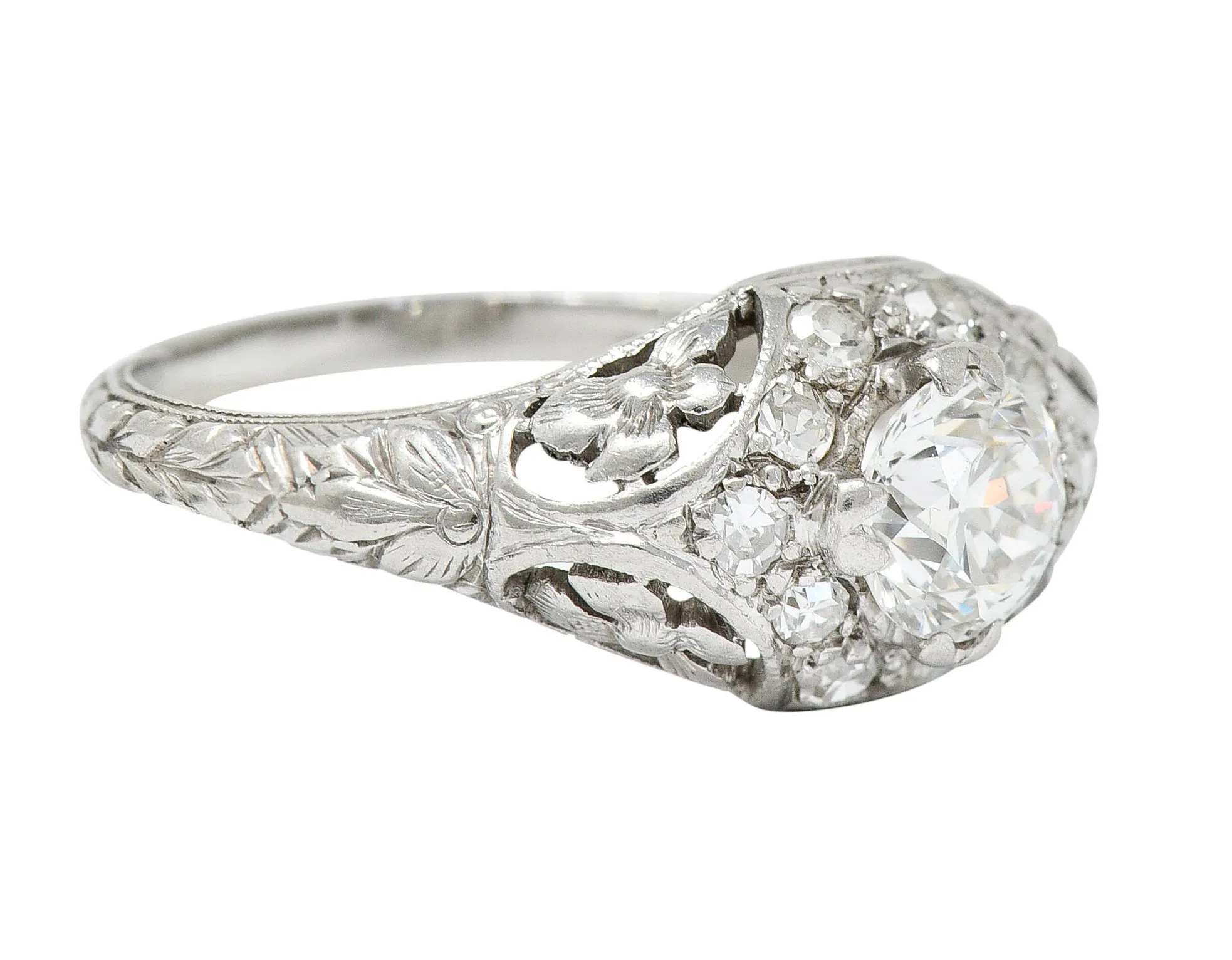 1930's William Kinscherf Co. 0.85 CTW Diamond Platinum Floral Engagement Ring