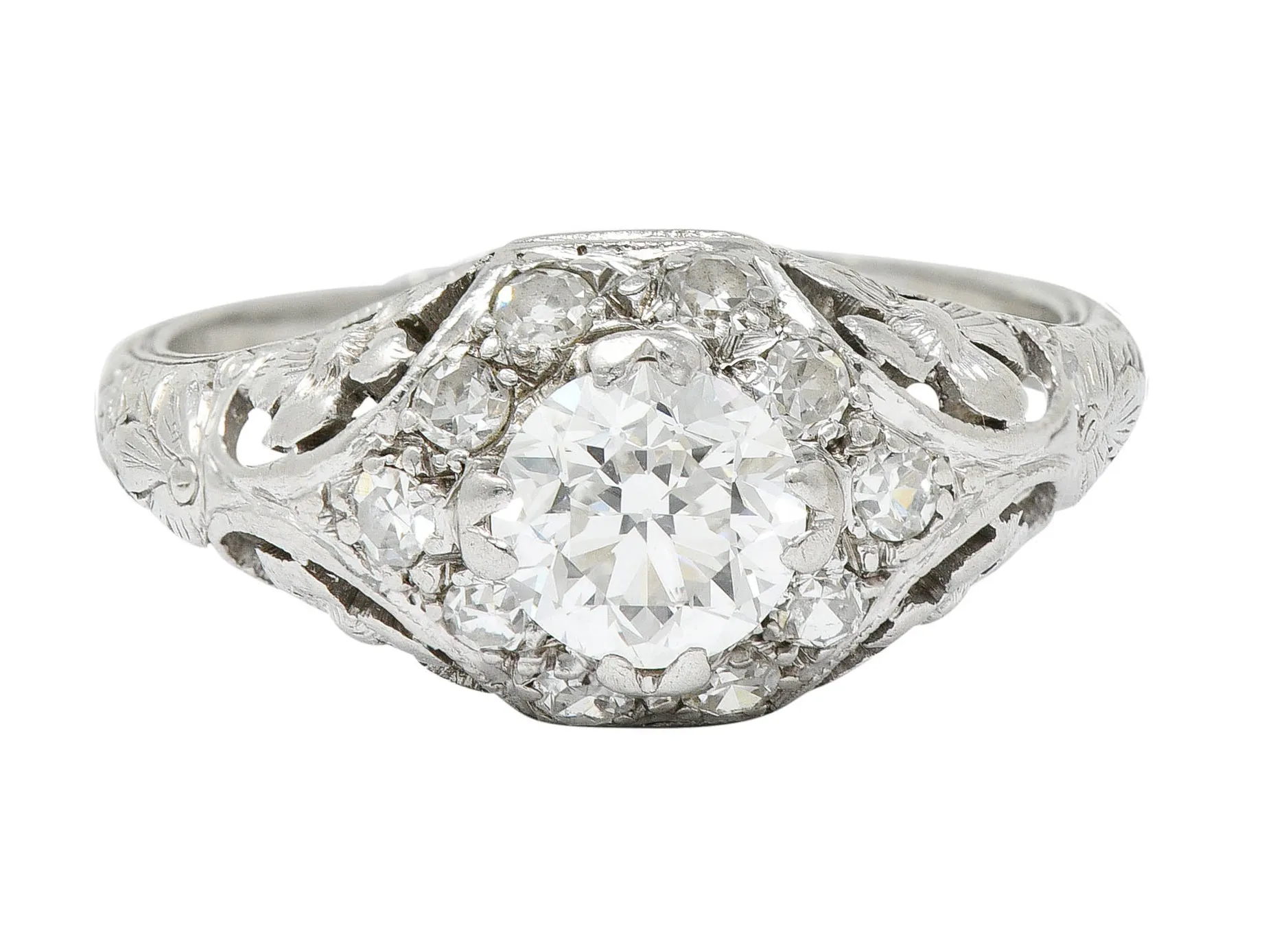 1930's William Kinscherf Co. 0.85 CTW Diamond Platinum Floral Engagement Ring